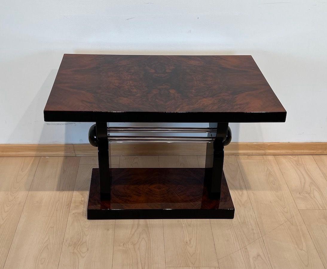 French Art Deco Side Table, Walnut Veneer, Lacquer, Chrome, France circa 1930 For Sale