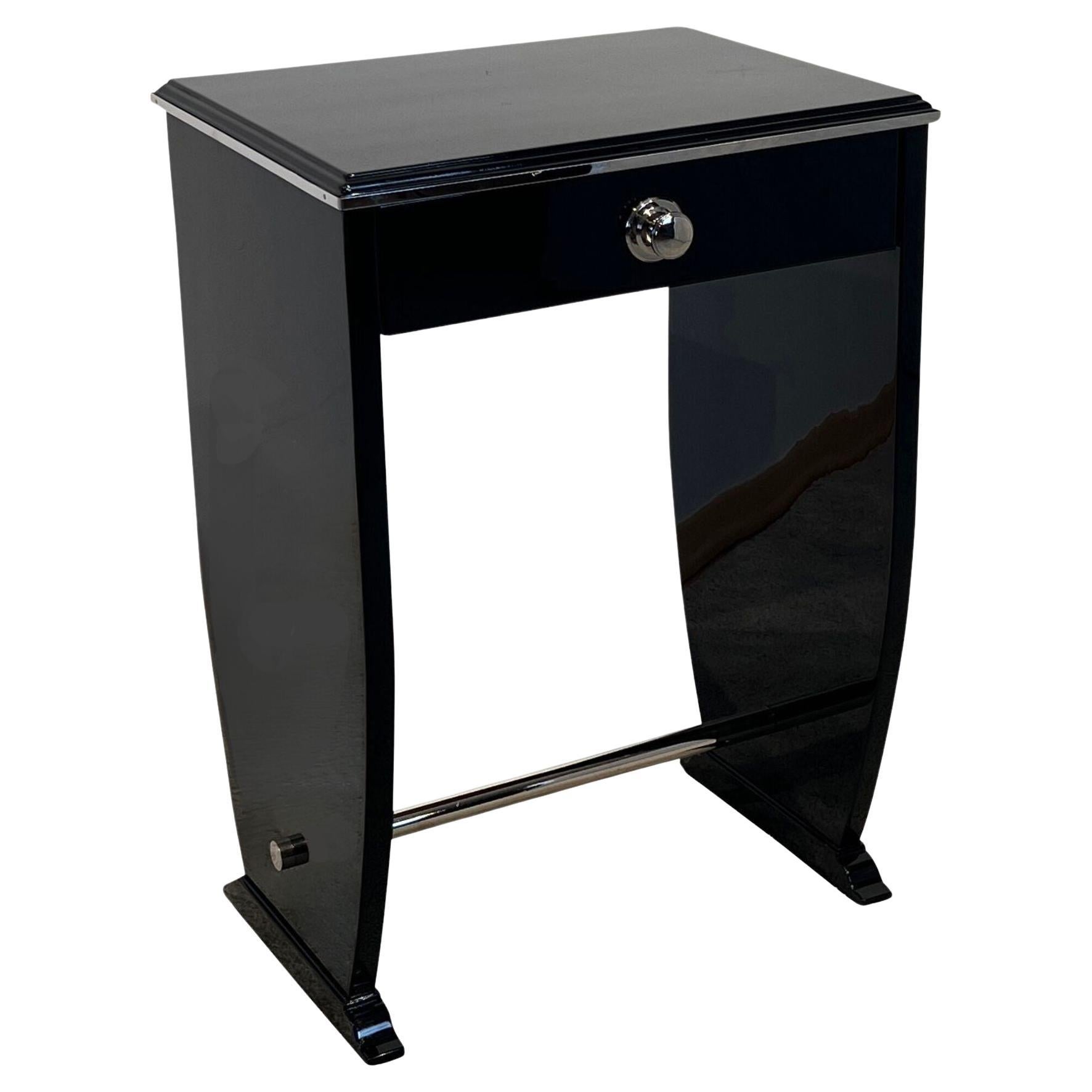 Art Deco Side Table with Drawer, Black Lacquer and Chrome, France circa 1930 For Sale