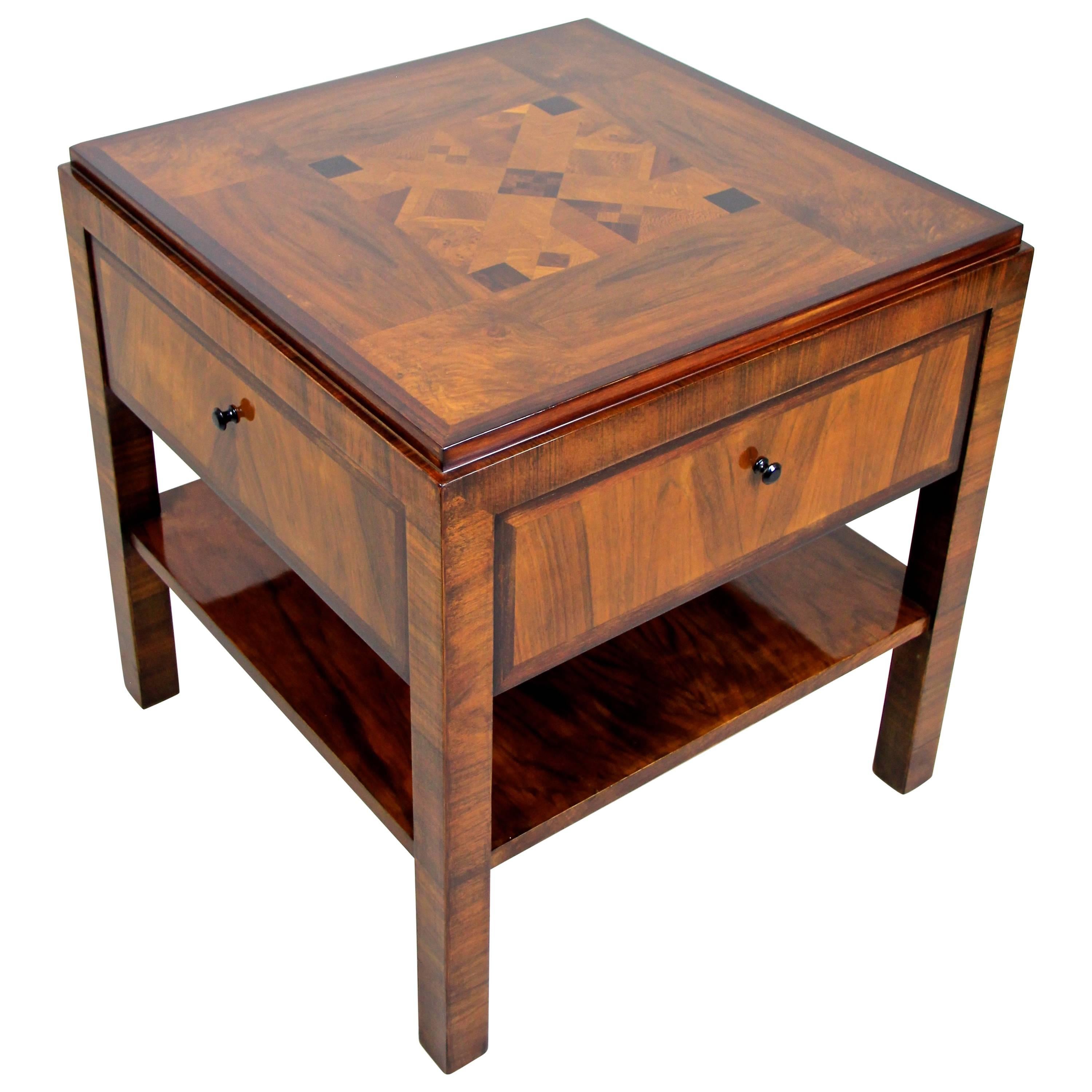 Austrian Art Deco Side Table with Four Doors and Marquetry Tabletop, Austria, circa 1920