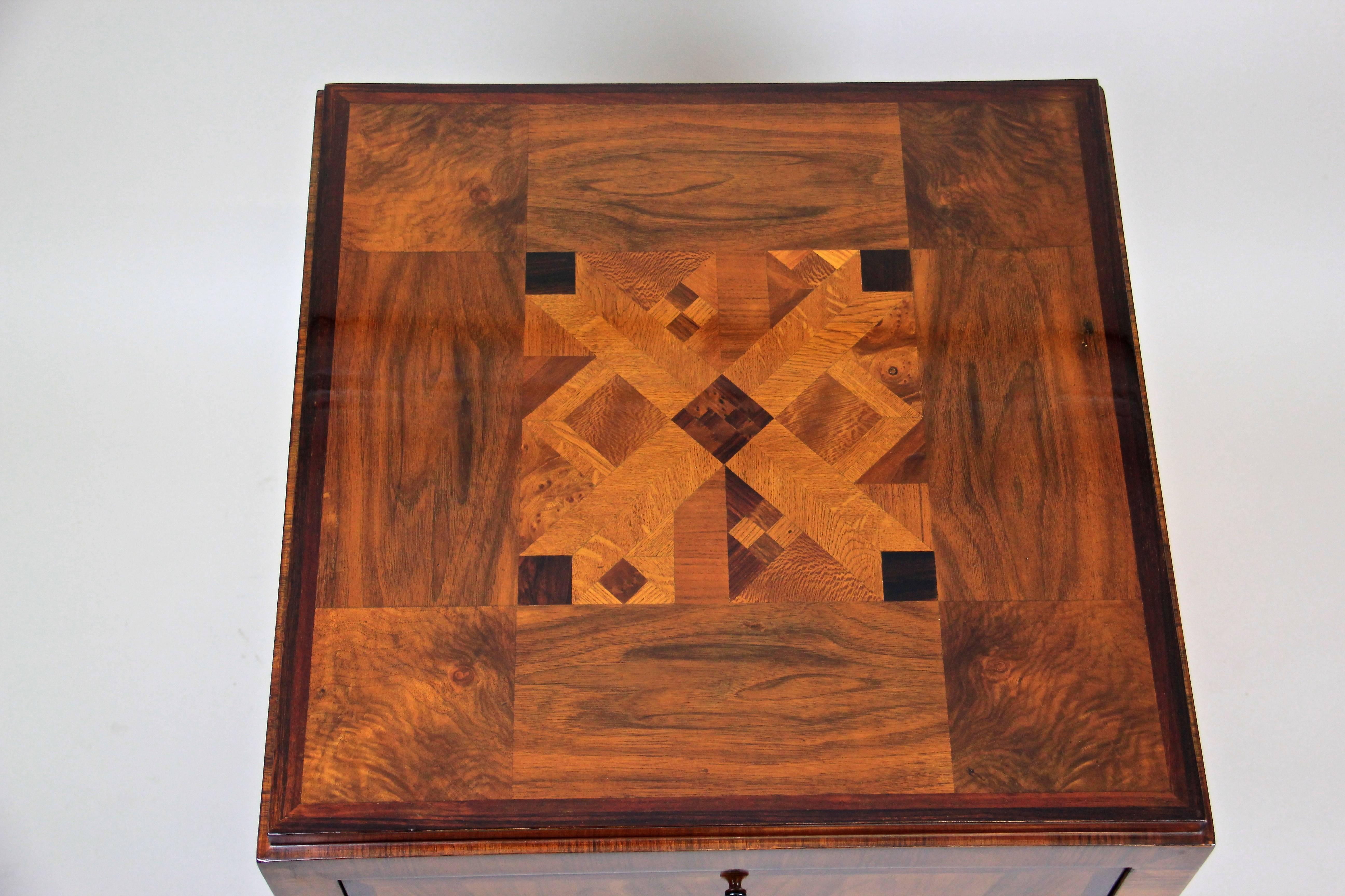 20th Century Art Deco Side Table with Four Doors and Marquetry Tabletop, Austria, circa 1920