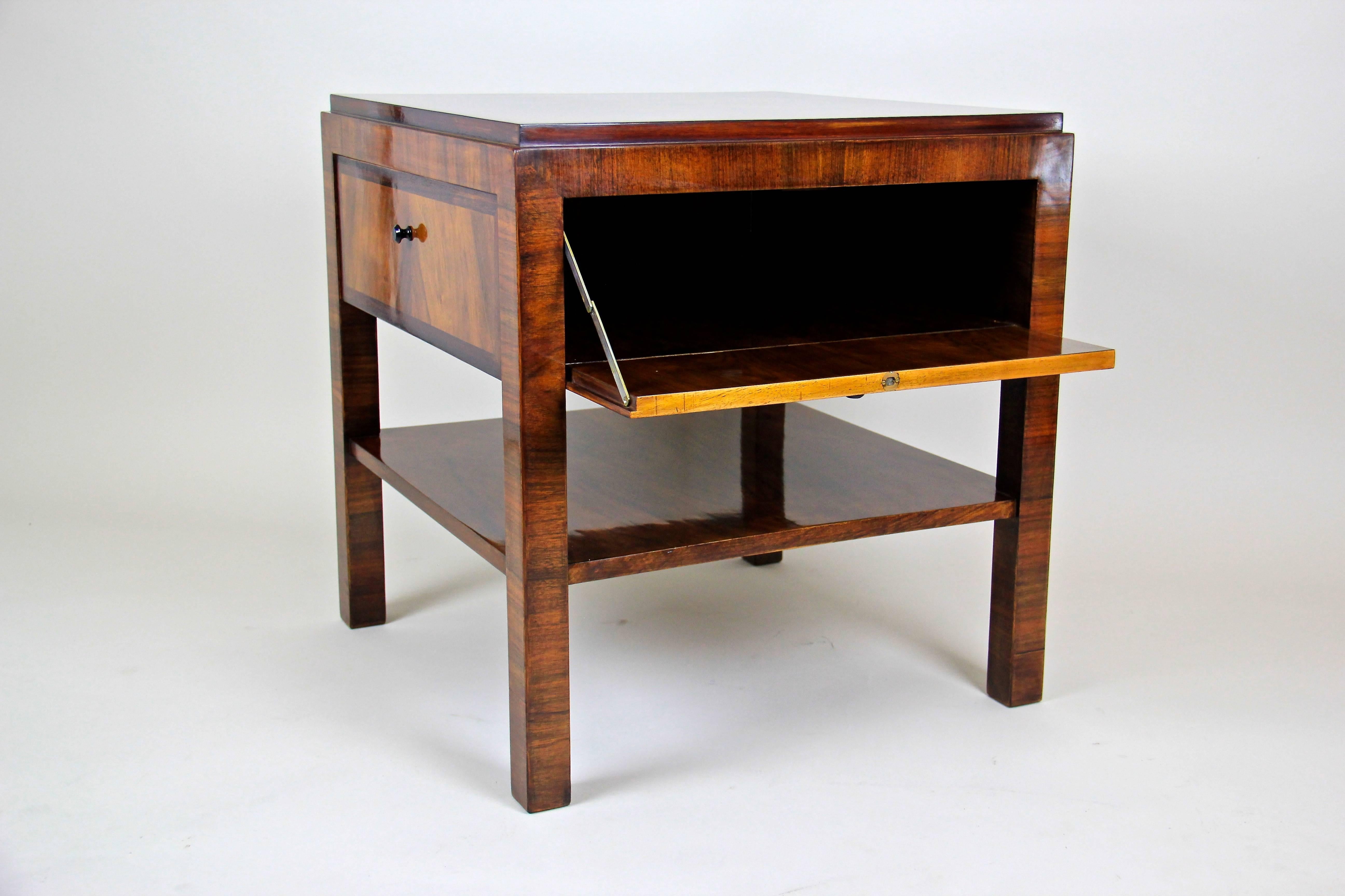 Nutwood Art Deco Side Table with Four Doors and Marquetry Tabletop, Austria, circa 1920