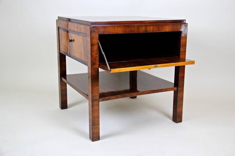 Nutwood Art Deco Side Table with Four Doors and Marquetry Tabletop, Austria, circa 1920 For Sale