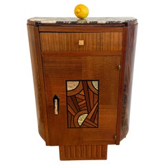 Art Deco Side Table with Marble Top, Geometric Marquetry, 1930s