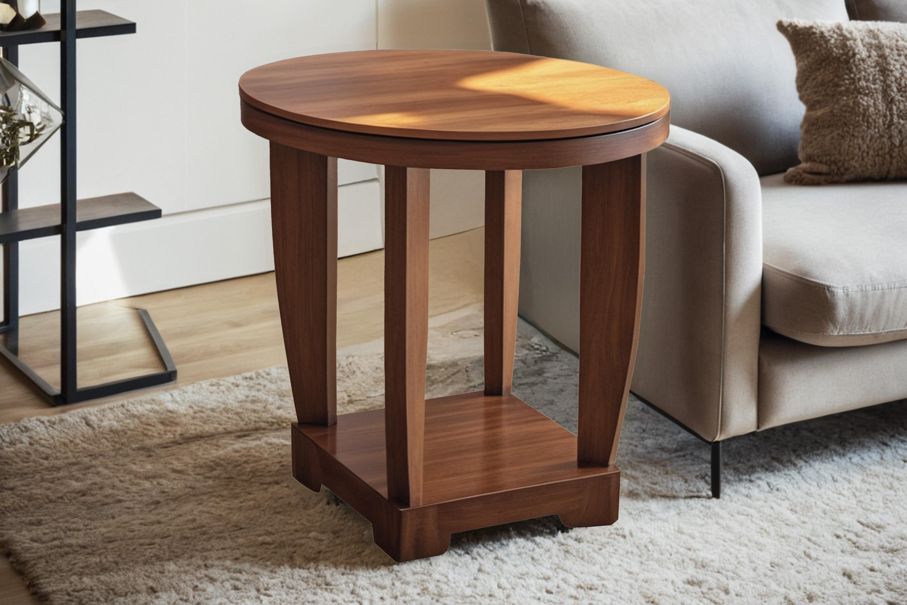 Beautiful round side table in Art Deco style with fine walnut veneer and an expressive veneer image. The curved legs and the angular lower level give the table a nice lightness. Thanks to the simple surface, the table fits perfectly into any room