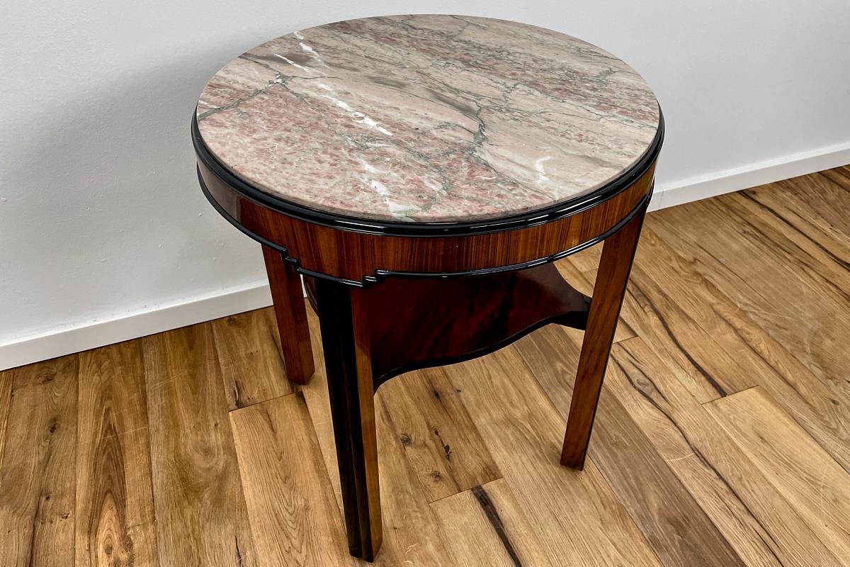 Art Deco Side Table with Walnut Veneer Stained in Rosewood and Marble Top German 1