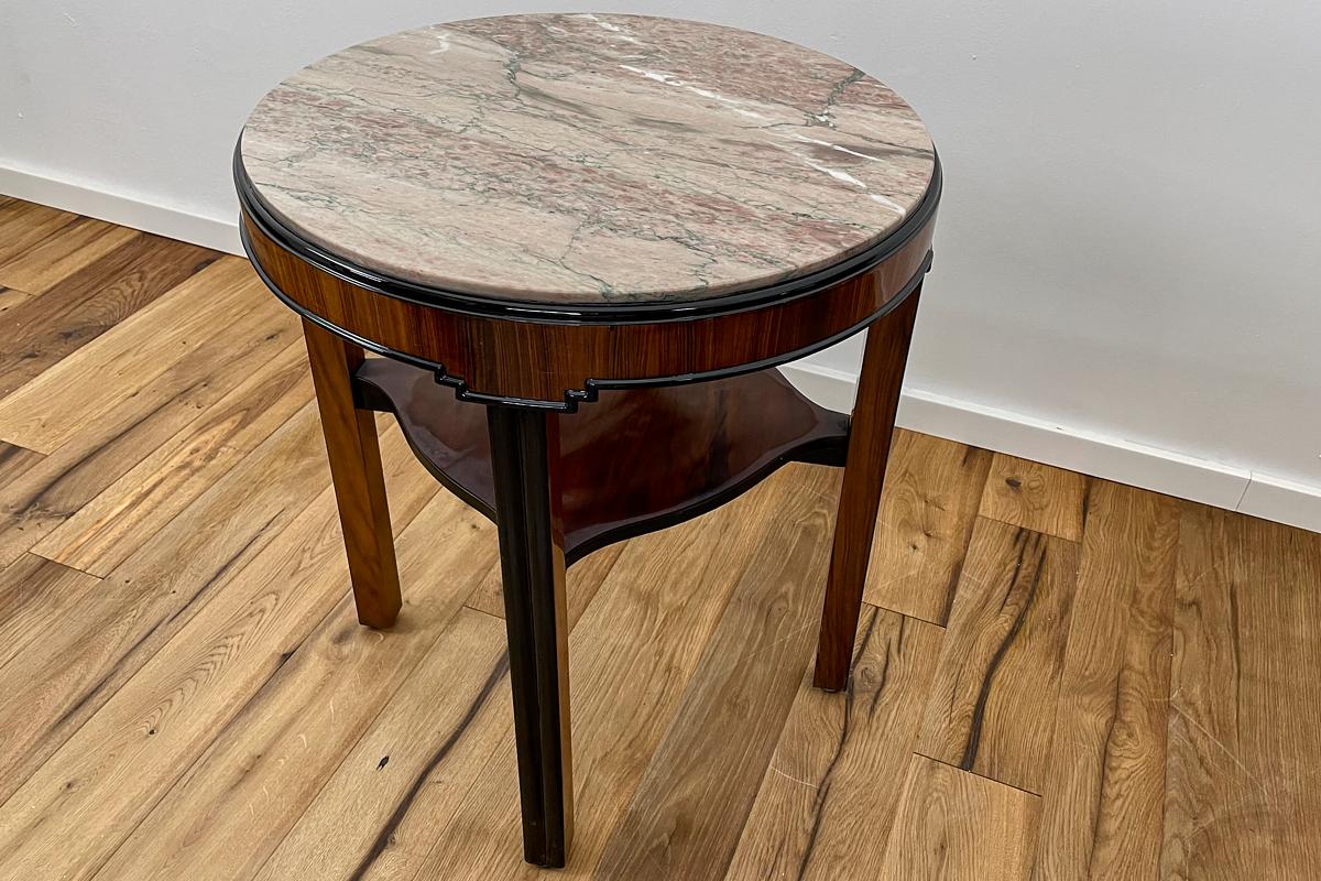Art Deco Side Table with Walnut Veneer Stained in Rosewood and Marble Top German 3