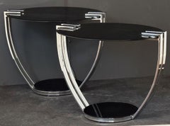 Art Deco Side Tables of Chrome with Oval Glass Tops in the Josef Hoffman Style
