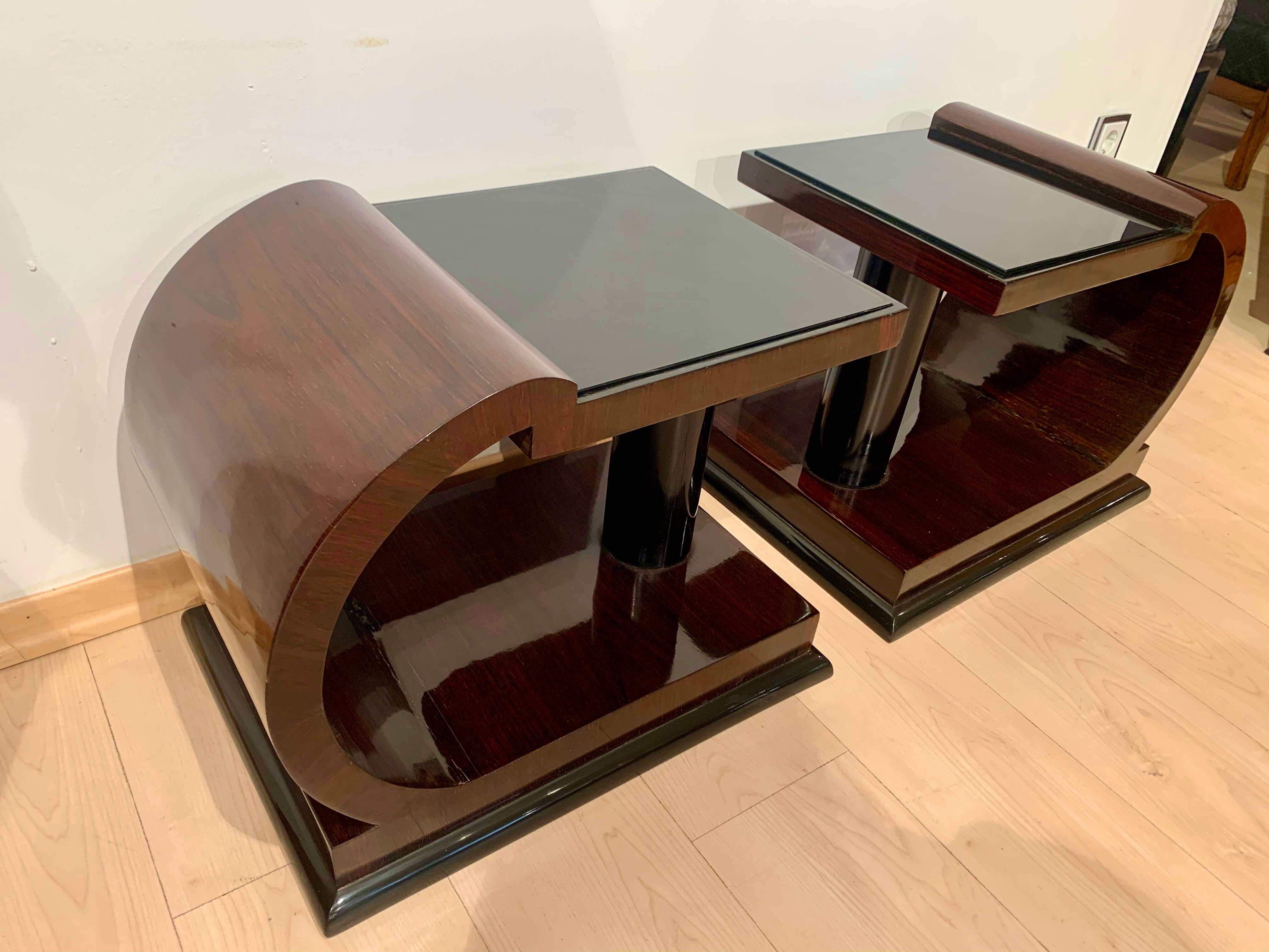 Art Deco Side Tables, Rosewood Veneer, Ebonized, Black Glass, France, circa 1930 10