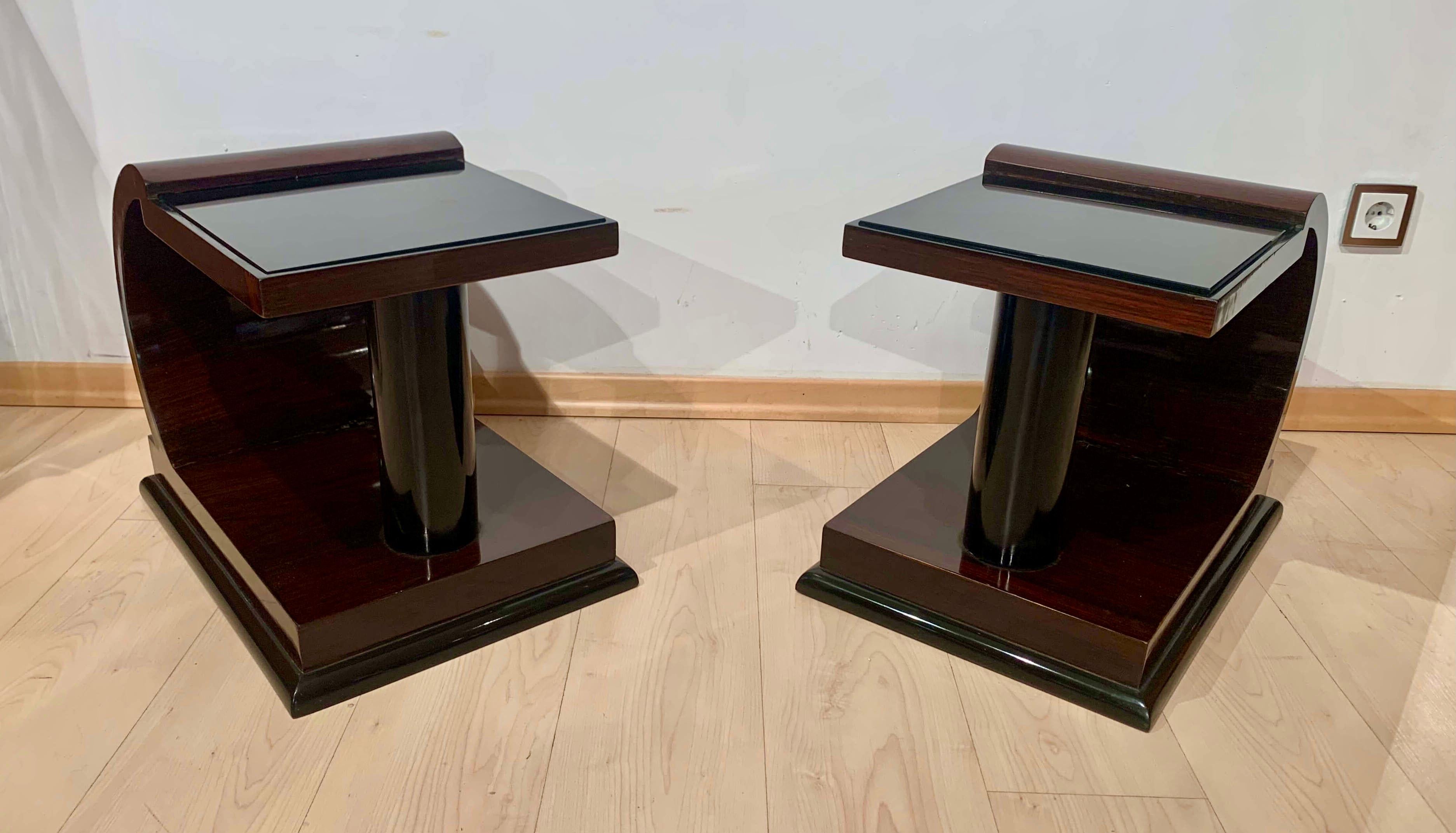 Art Deco Side Tables, Rosewood Veneer, Ebonized, Black Glass, France, circa 1930 11