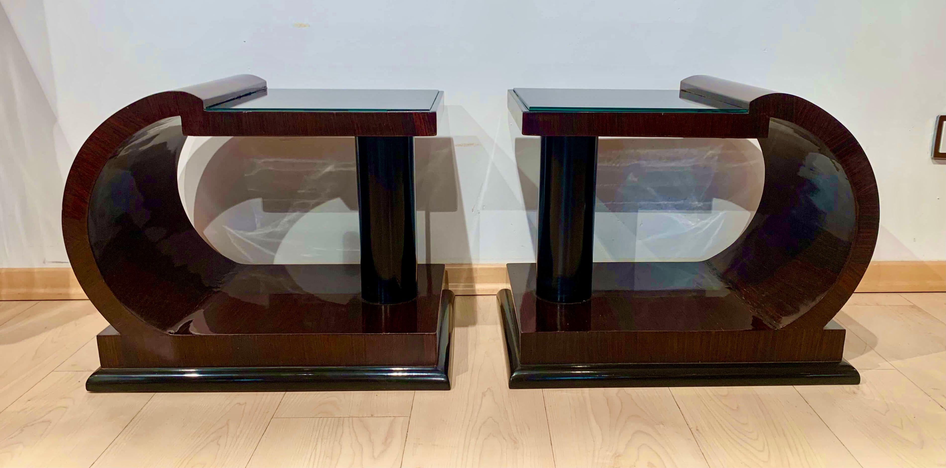 Art Deco Side Tables, Rosewood Veneer, Ebonized, Black Glass, France, circa 1930 12