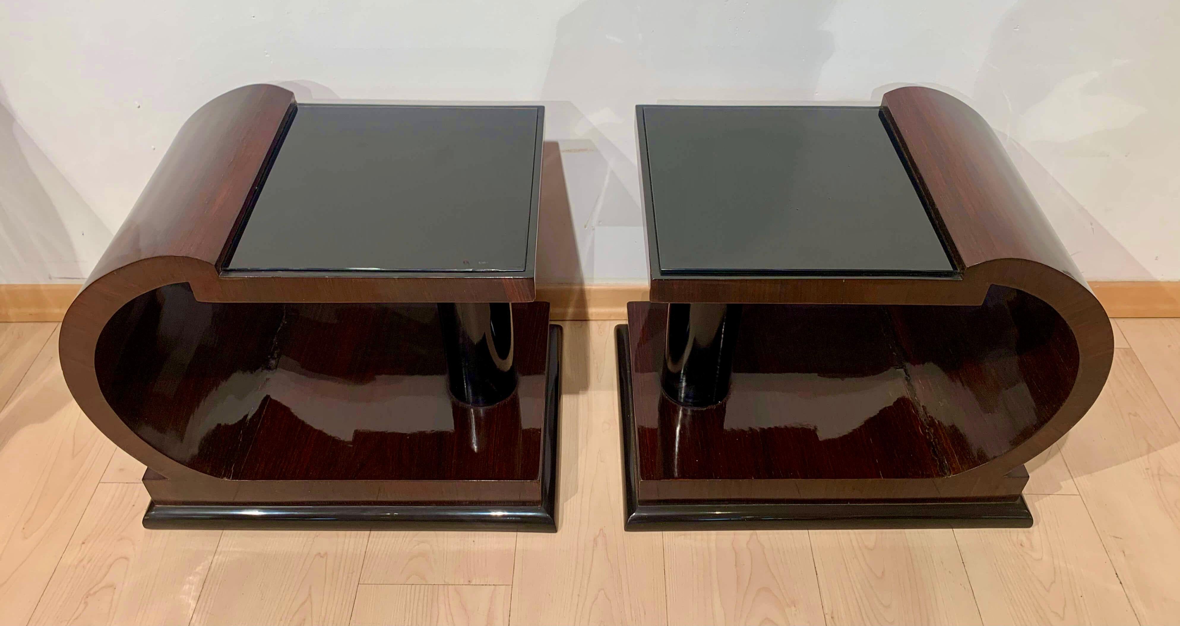 Art Deco Side Tables, Rosewood Veneer, Ebonized, Black Glass, France, circa 1930 13