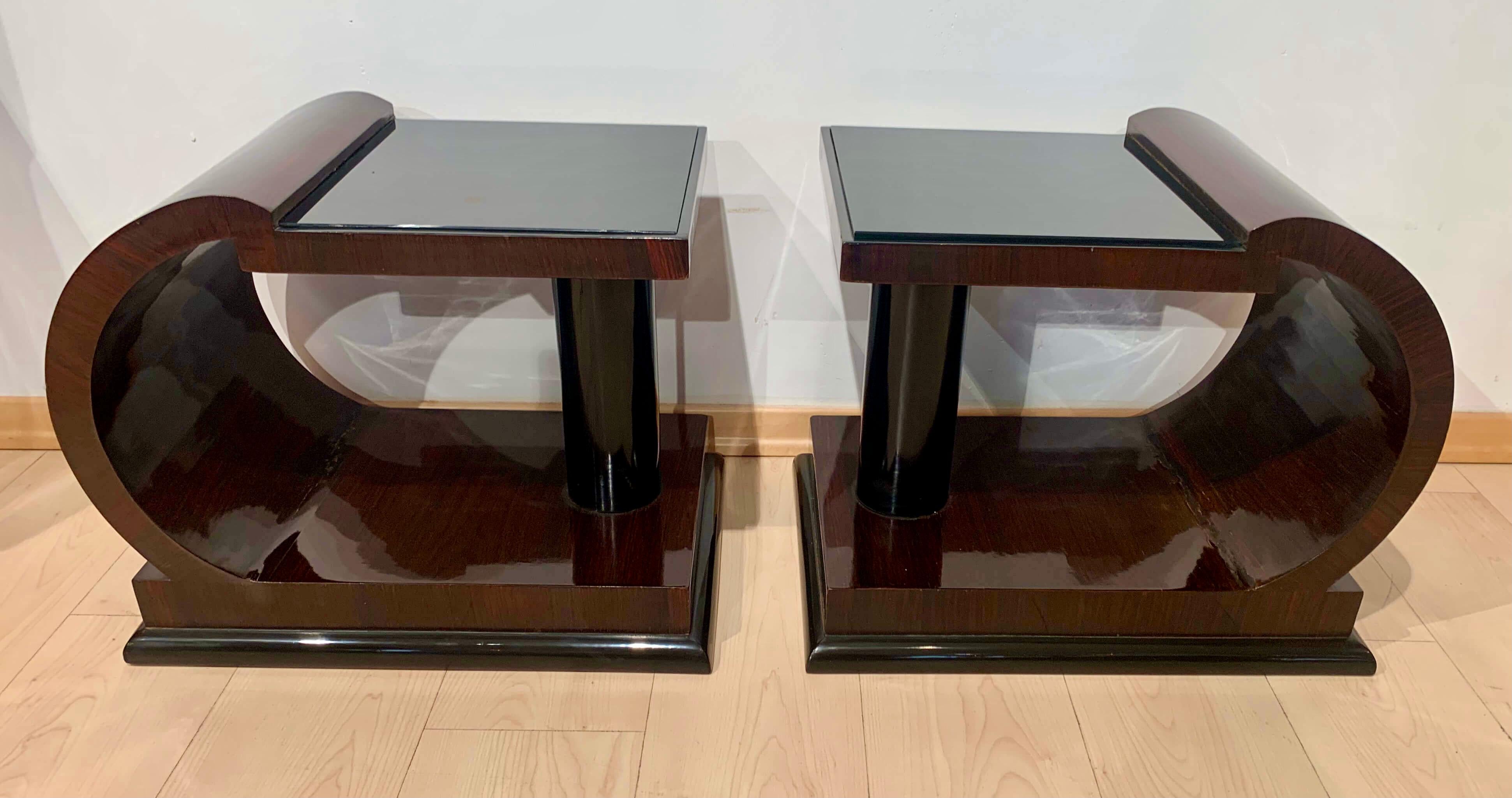 Art Deco Side Tables, Rosewood Veneer, Ebonized, Black Glass, France, circa 1930 14