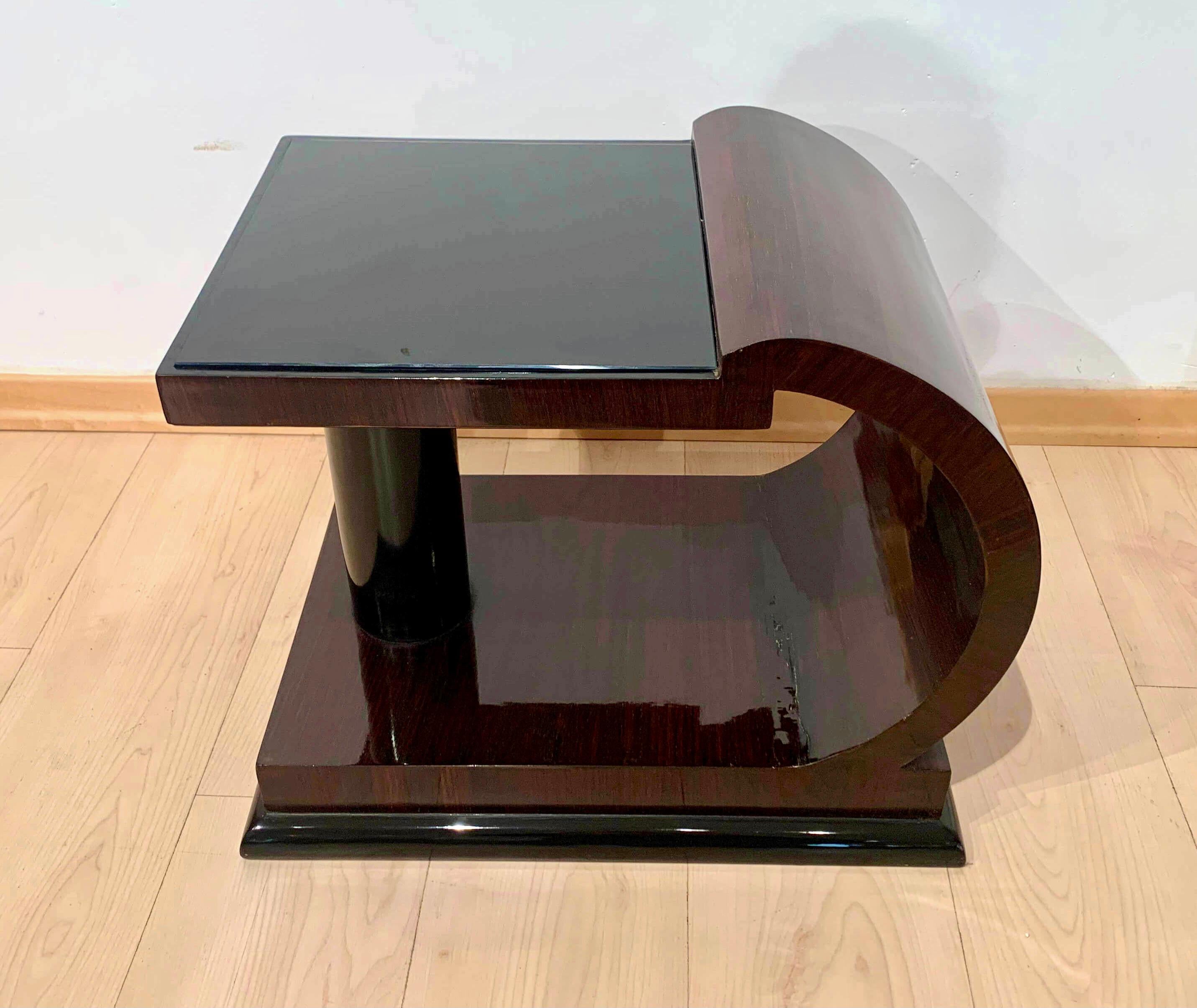 Blackened Art Deco Side Tables, Rosewood Veneer, Ebonized, Black Glass, France, circa 1930