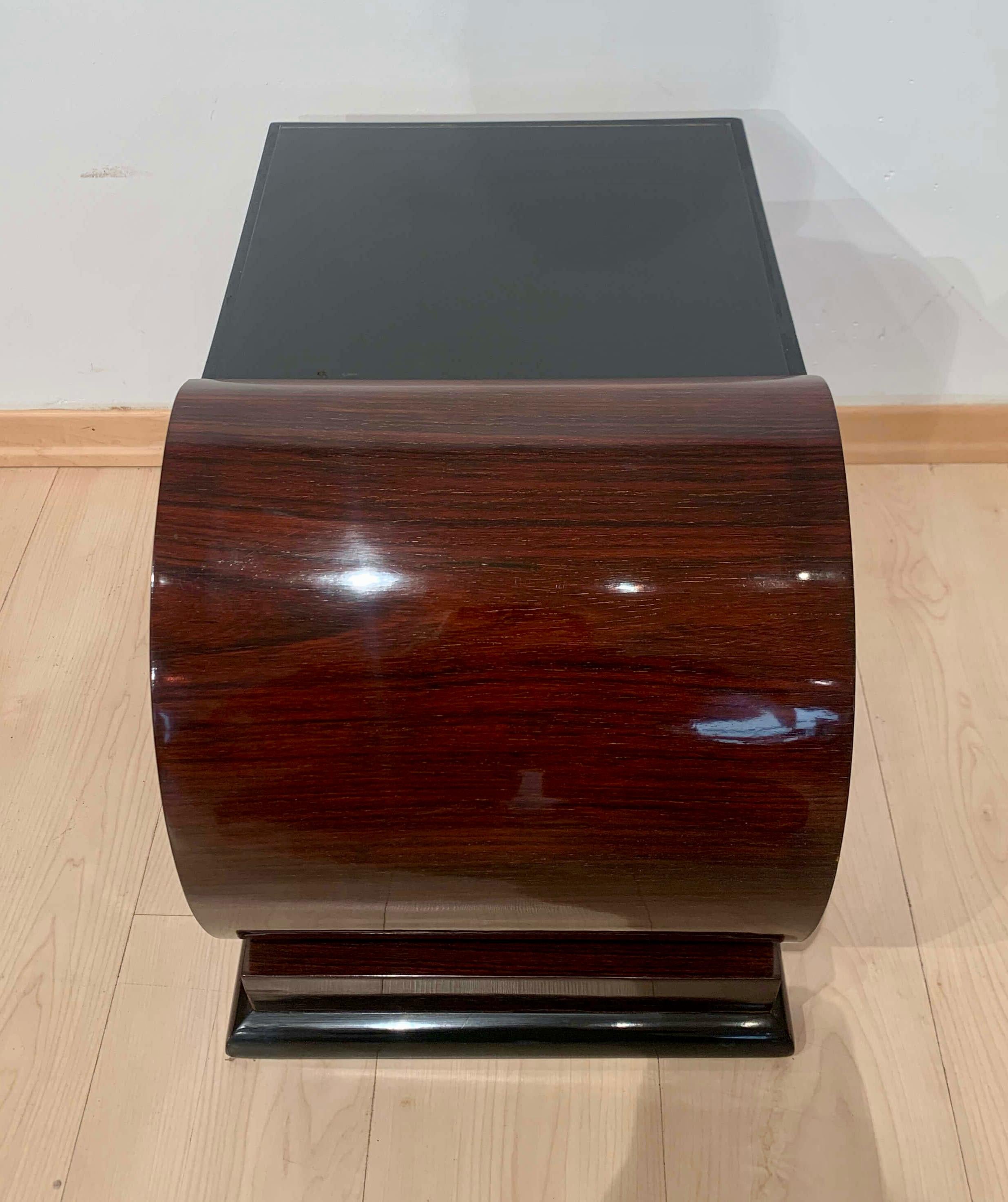 Art Deco Side Tables, Rosewood Veneer, Ebonized, Black Glass, France, circa 1930 1