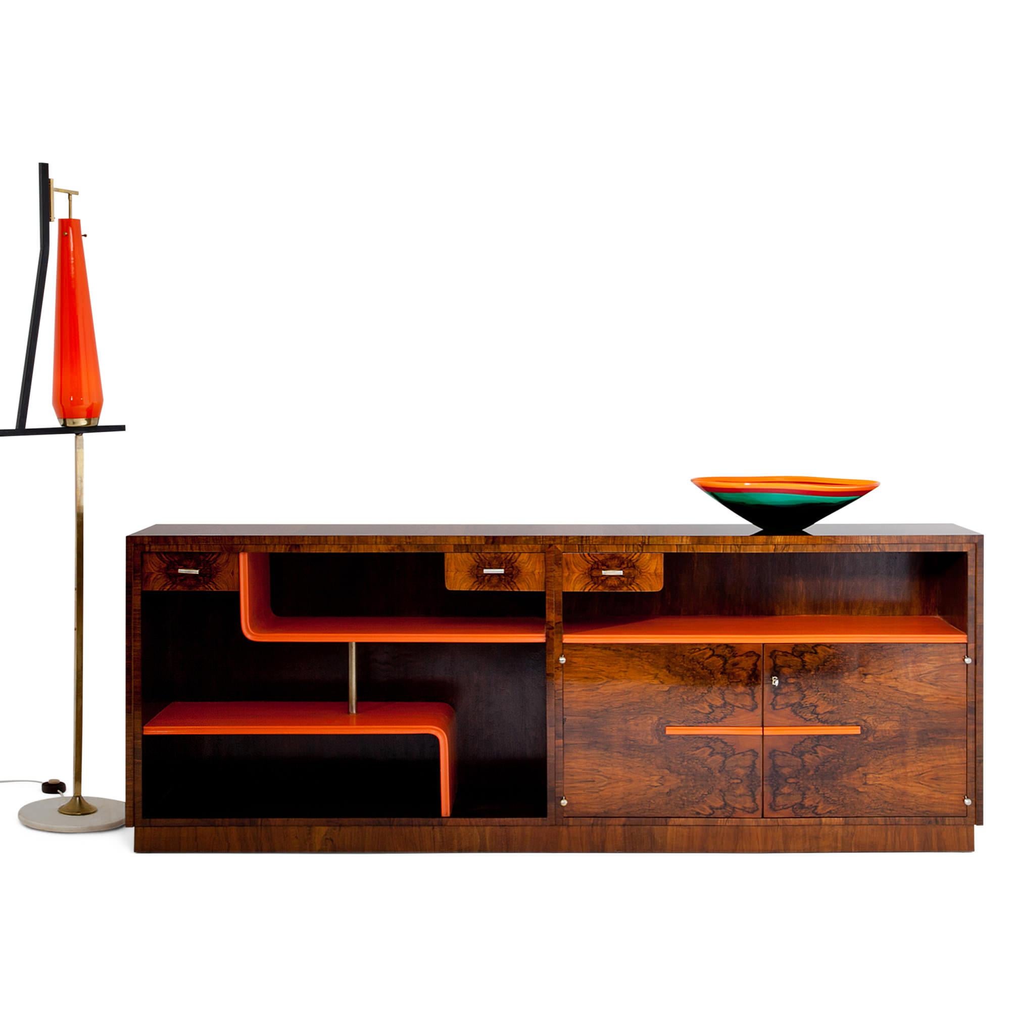 Long Art Deco sideboard with L-shaped shelves in orange, burl wood veneered drawers and doors.