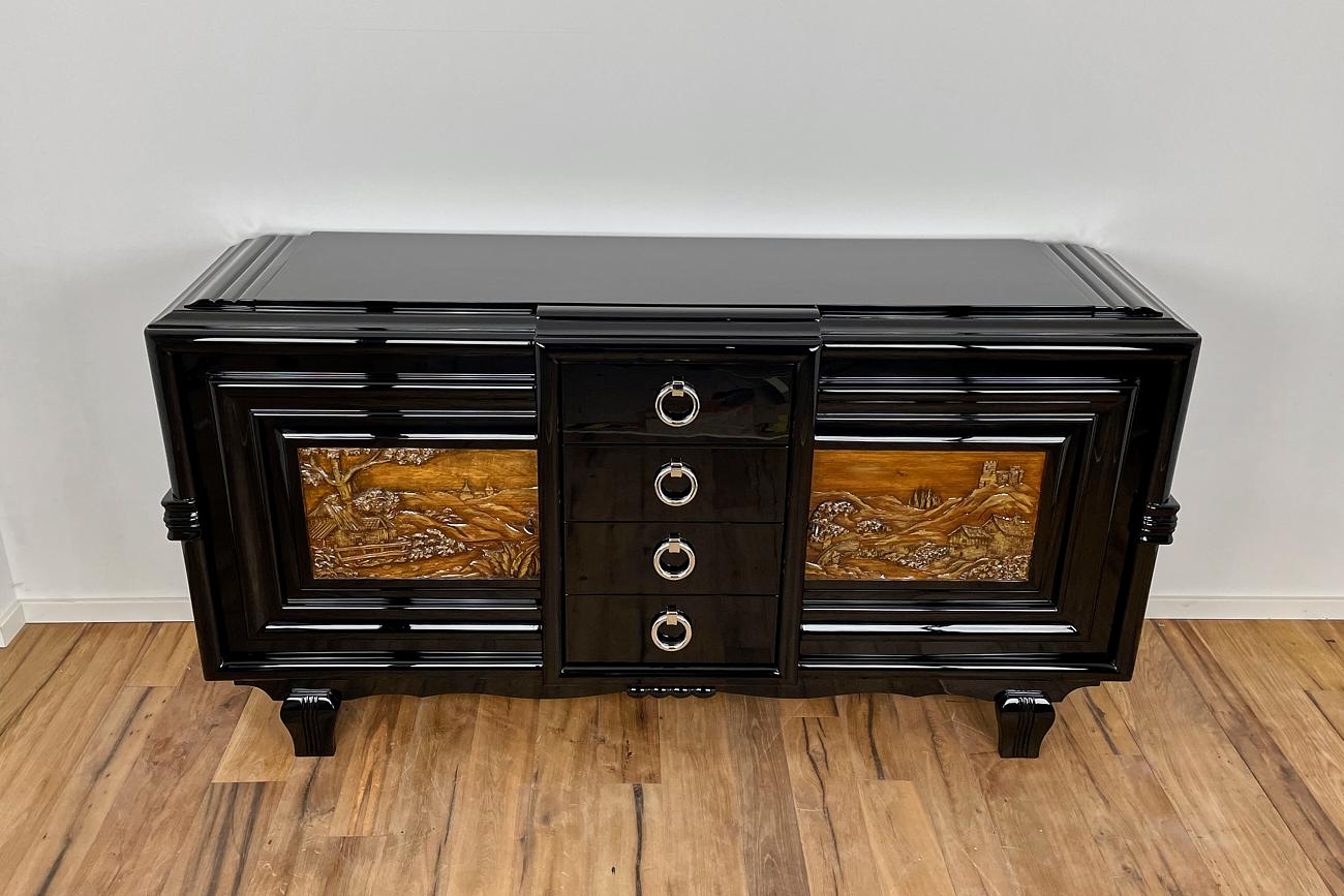 Art Deco Sideboard Around 1930 with Two Carved Paintings For Sale 5