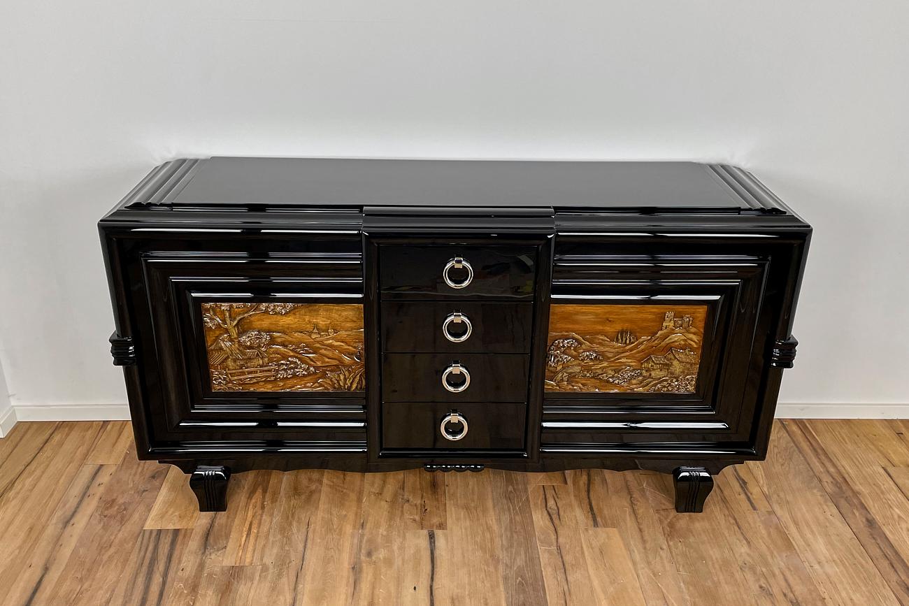 Art-déco-Sideboard um 1930 mit zwei geschnitzten Gemälden im Angebot 4