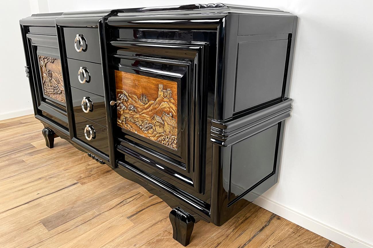 French Art Deco Sideboard Around 1930 with Two Carved Paintings For Sale