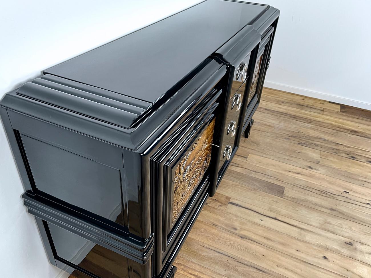 Art Deco Sideboard Around 1930 with Two Carved Paintings In Good Condition For Sale In Greven, DE