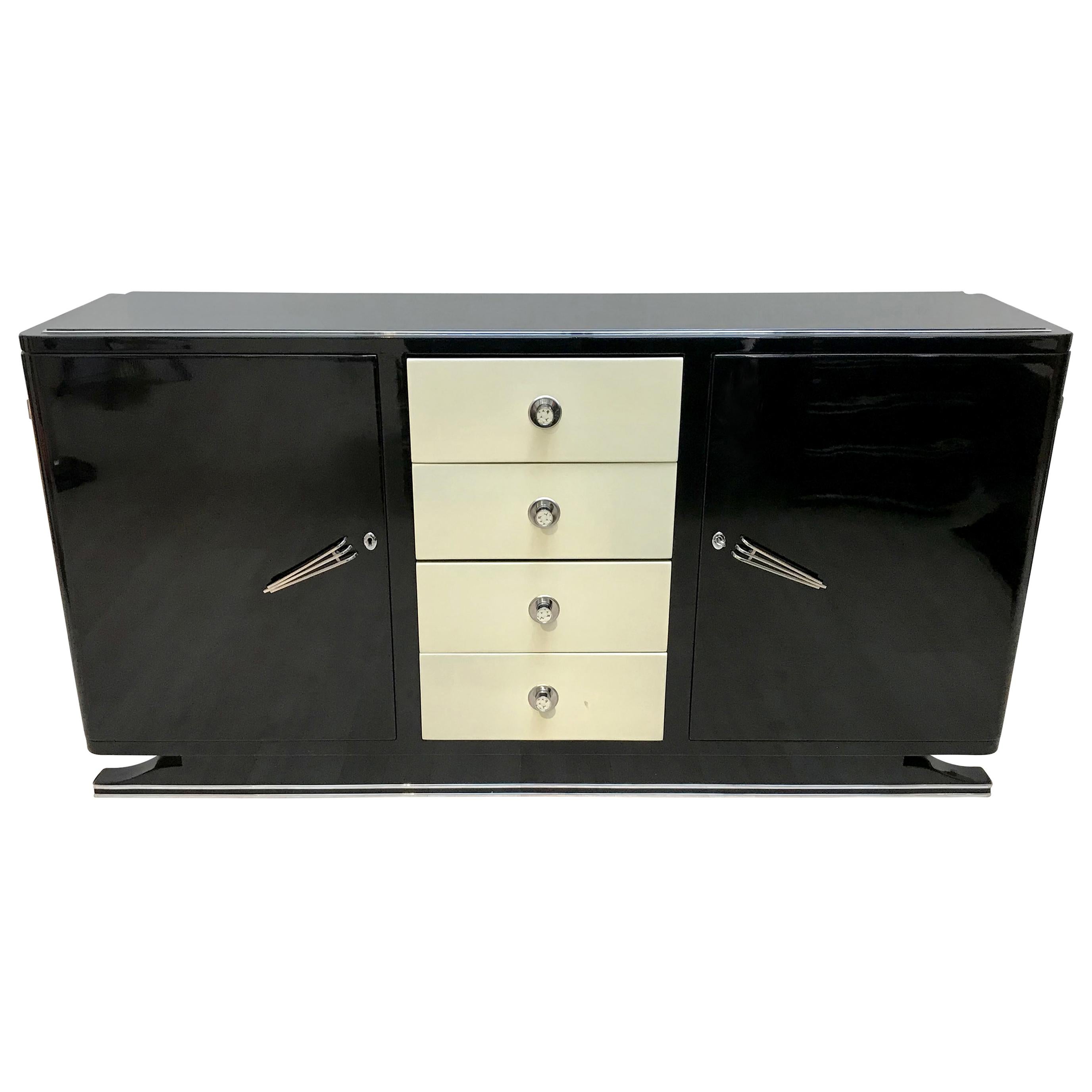 Art Deco Sideboard, Black and Creme Lacquer, France, circa 1930