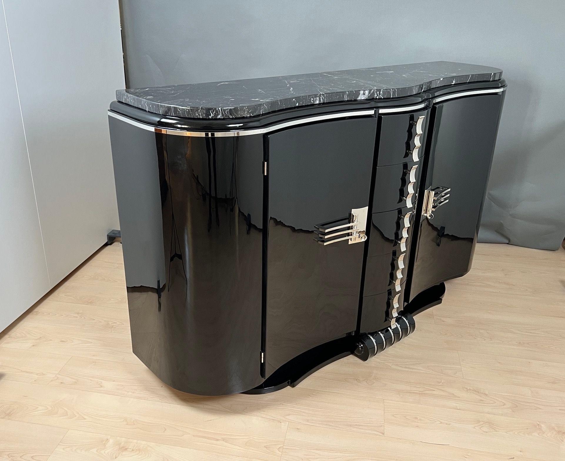 French Art Deco Sideboard, Black Lacquer, Chrome, Marble, France circa 1930 For Sale