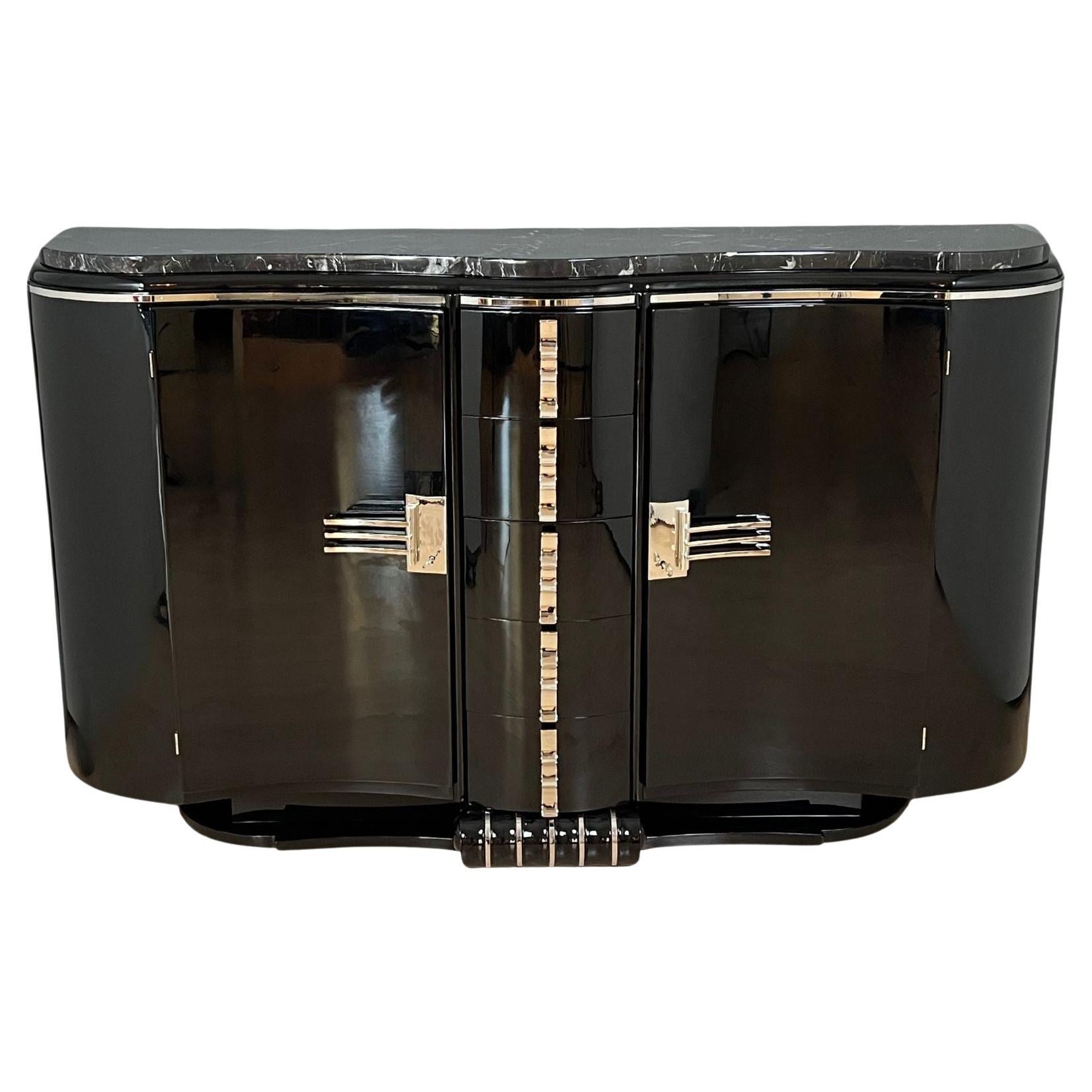 Art Deco Sideboard, Black Lacquer, Chrome, Marble, France circa 1930 For Sale