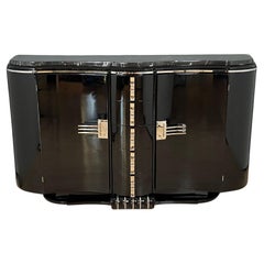 Vintage Art Deco Sideboard, Black Lacquer, Chrome, Marble, France circa 1930