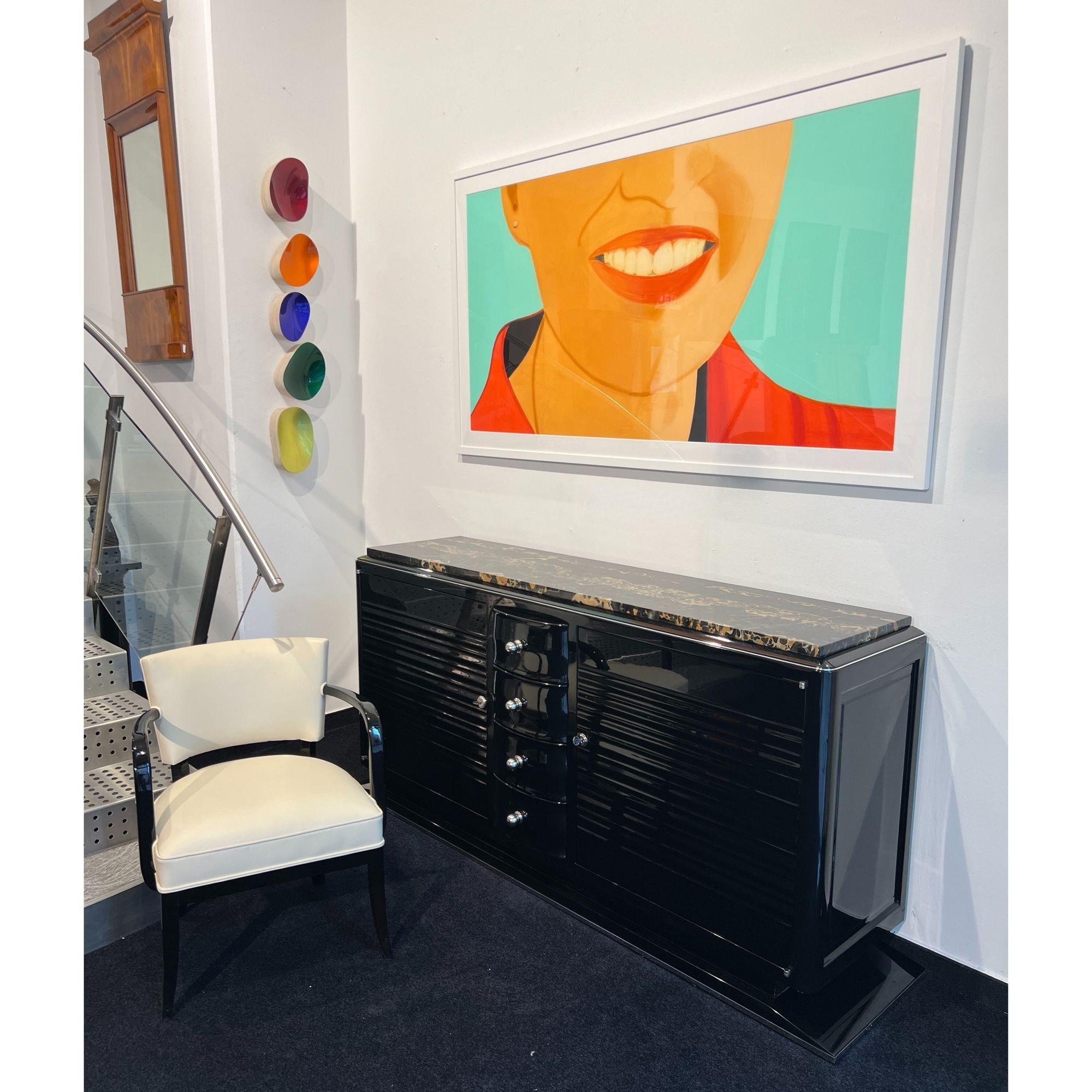 German Art Deco Sideboard, Black Lacquer, Chrome, Marble, France circa 1935