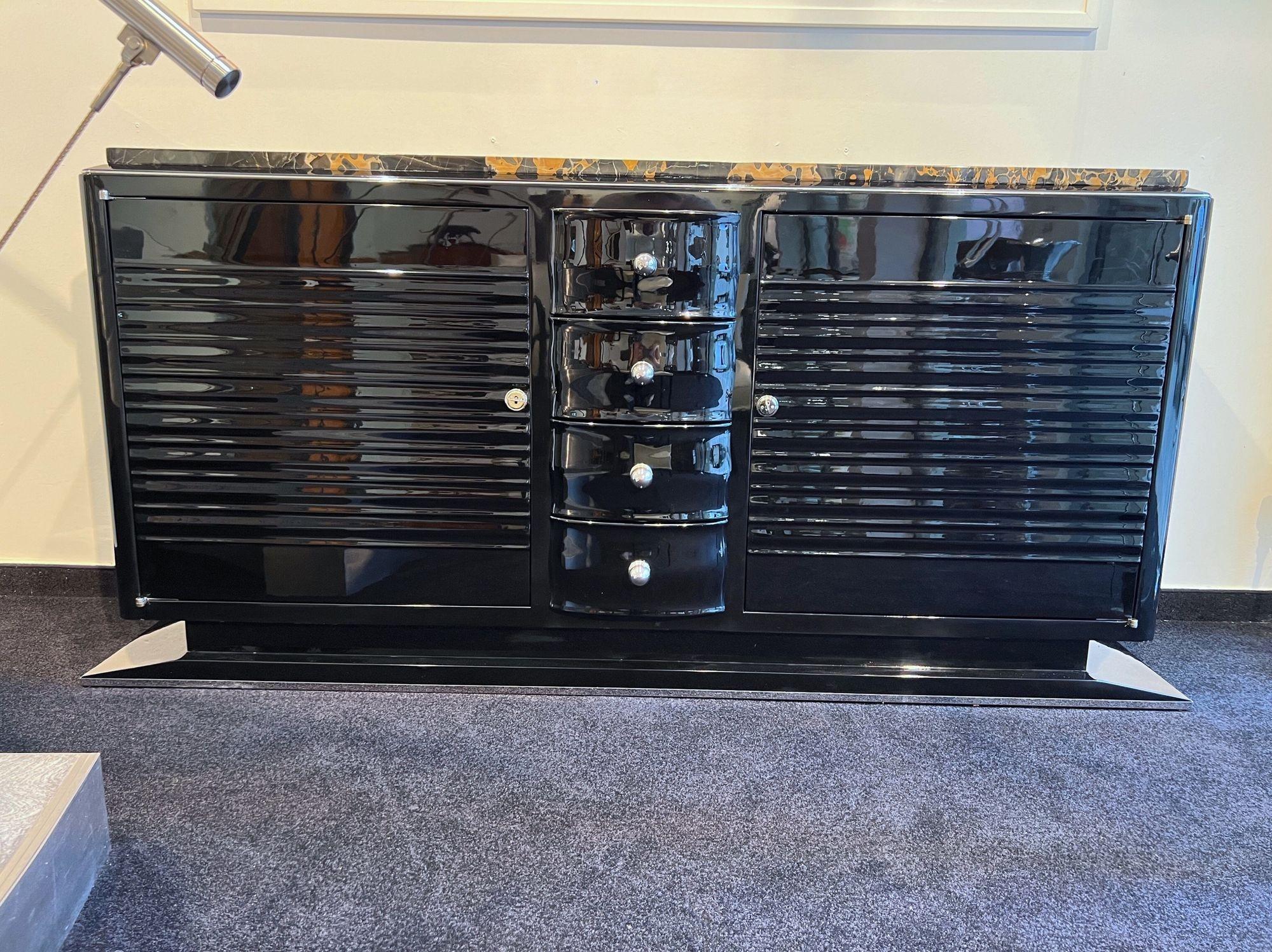 Galvanized Art Deco Sideboard, Black Lacquer, Chrome, Marble, France circa 1935