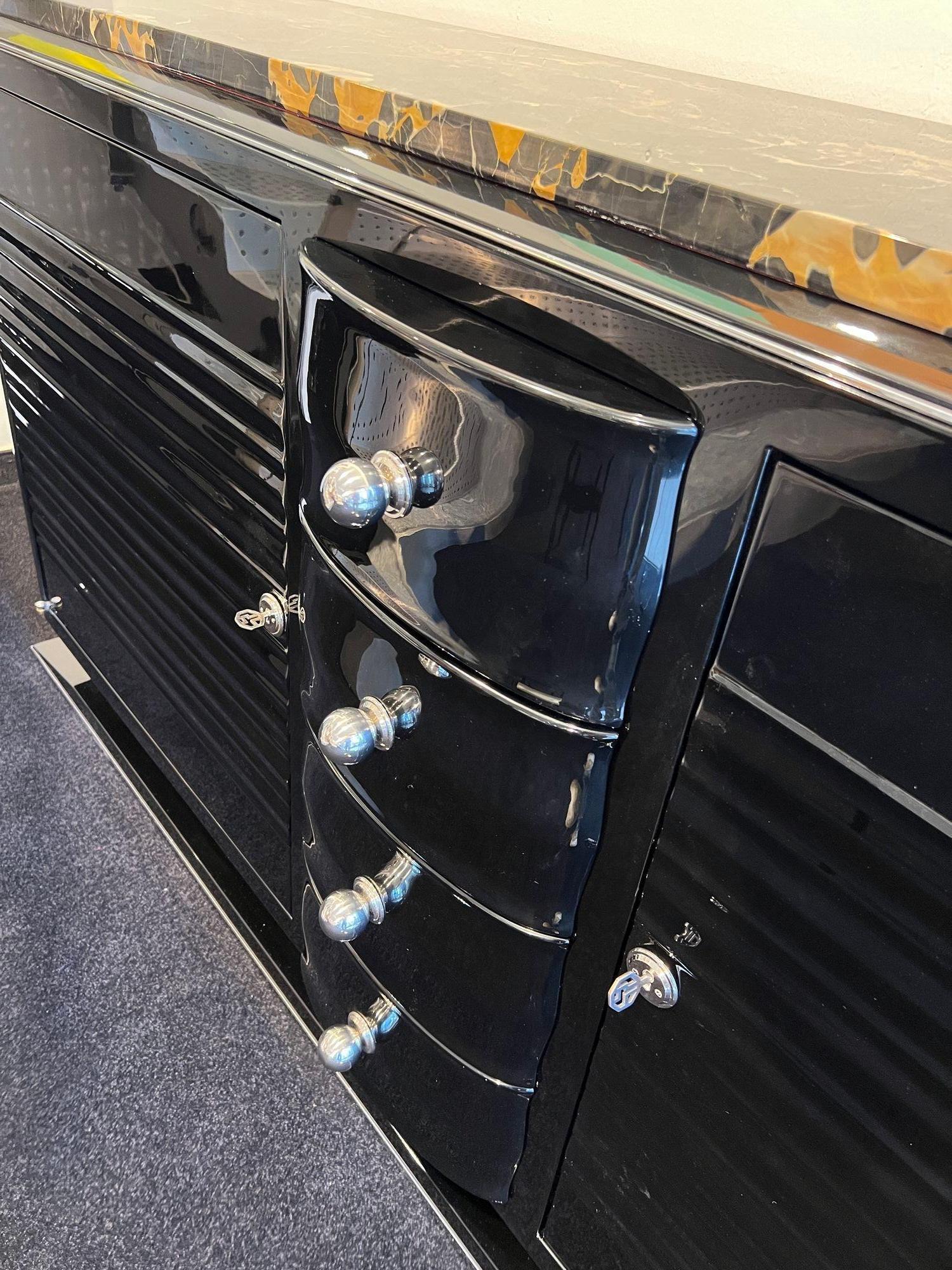 Art Deco Sideboard, Black Lacquer, Chrome, Marble, France circa 1935 In Good Condition In Regensburg, DE