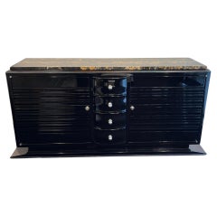 Art Deco Sideboard, Black Lacquer, Chrome, Marble, France circa 1935