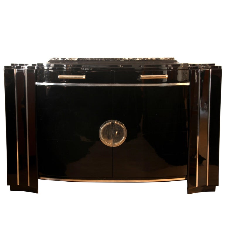 Art Deco Sideboard, Schwarz Poliert und Chrom Armaturen, Frankreich, Circa 1930 1