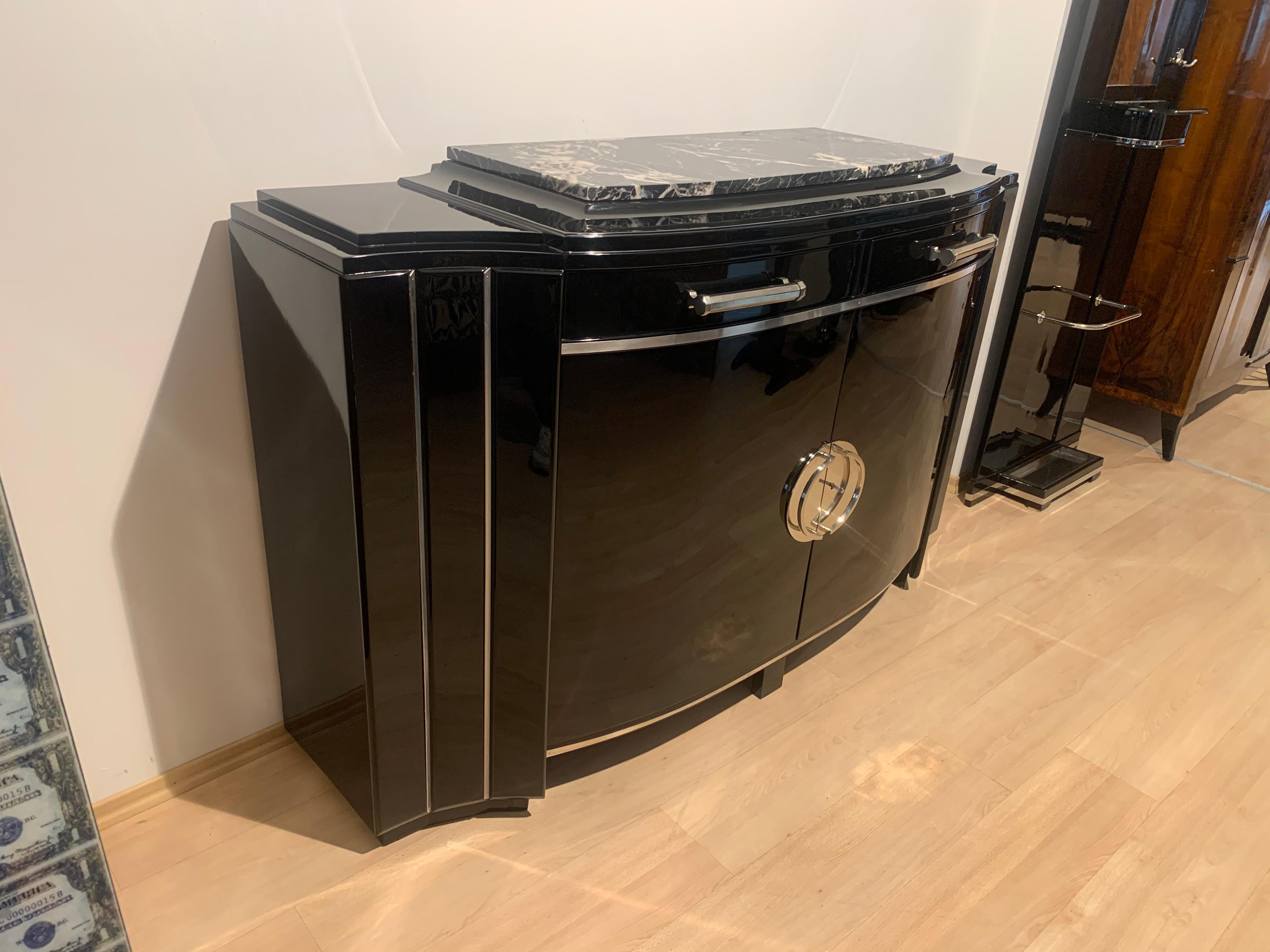 Metal Art Deco Sideboard, Black Lacquer, Mahogany, Chrome, France, circa 1930