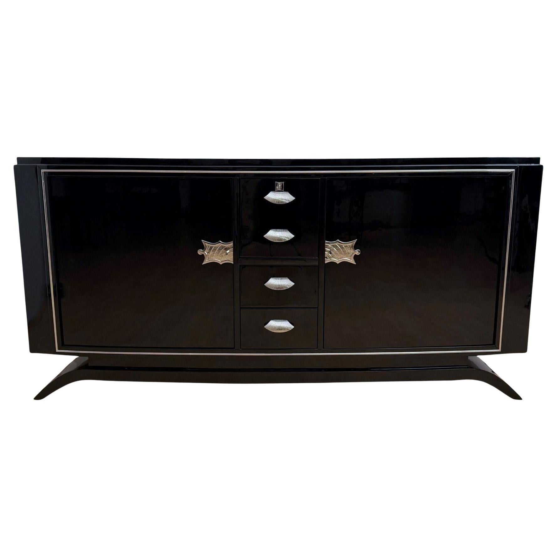 Art Deco Sideboard, Black Lacquer, Maple, Chrome, France, circa 1930