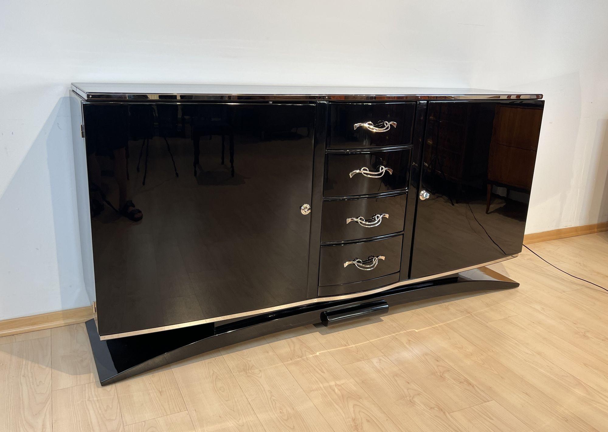 French Art Deco Sideboard, Black Lacquer, Nickel, Maple, France circa 1930