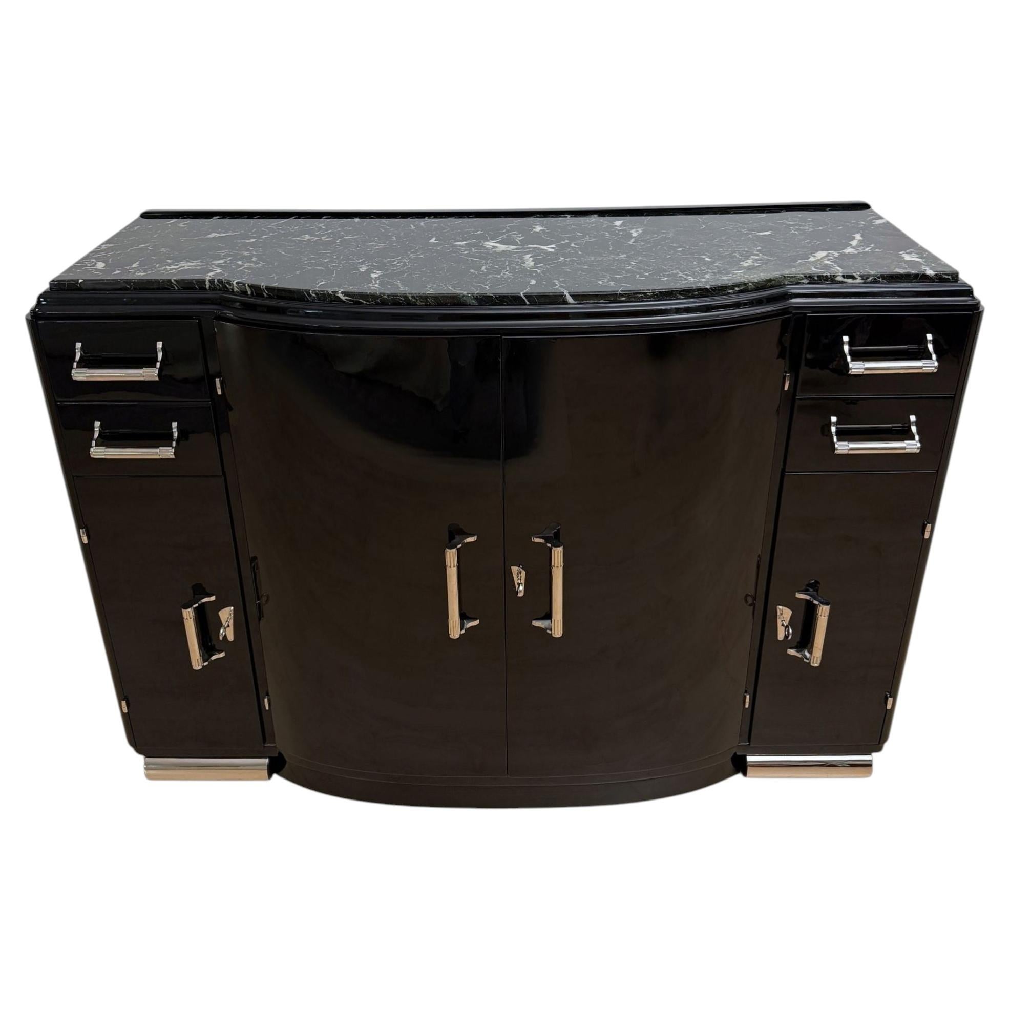 Art Deco Sideboard, Black Lacquer, Nickel, Marble, Mahogany, France, circa 1930