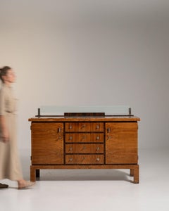 Art Deco Sideboard, Brown Wood & Mirrored Glass, Brass Details, 1930