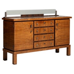Art Deco Sideboard, Brown Wood & Mirrored Glass, Brass Details, 1930