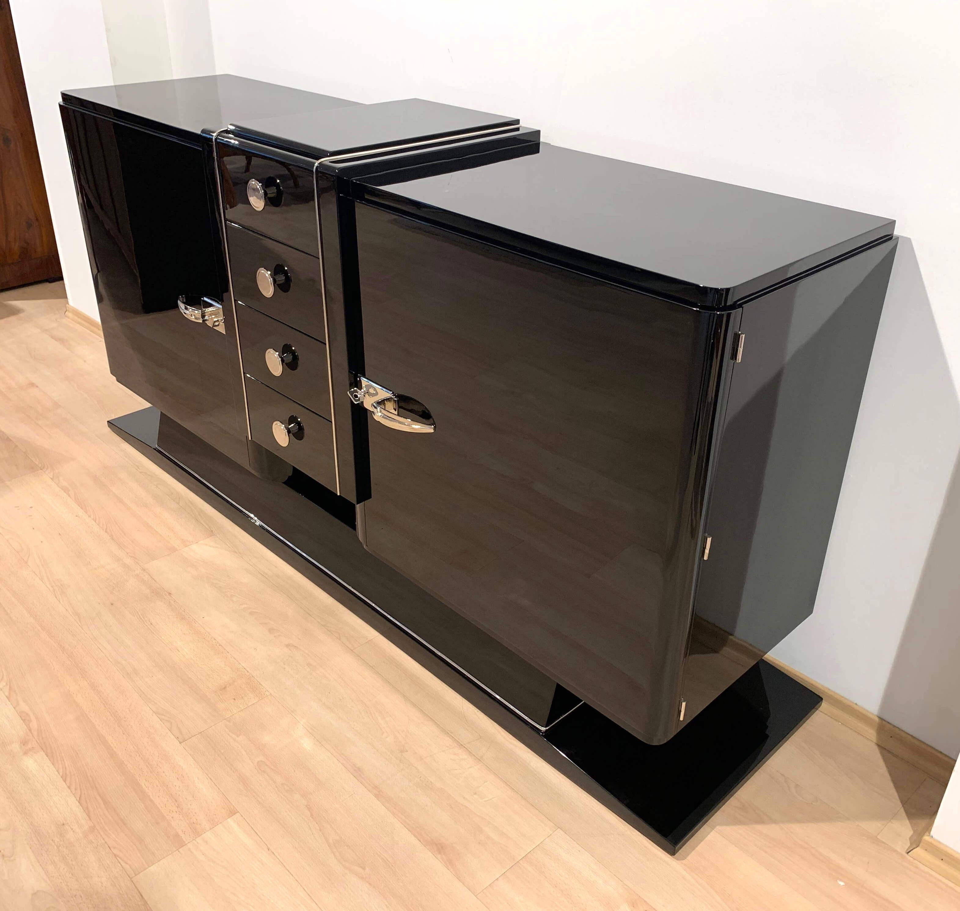 Art Deco Sideboard / Buffet, Black Lacquer, Nickel, Mahogany, France circa 1930 In Excellent Condition In Regensburg, DE