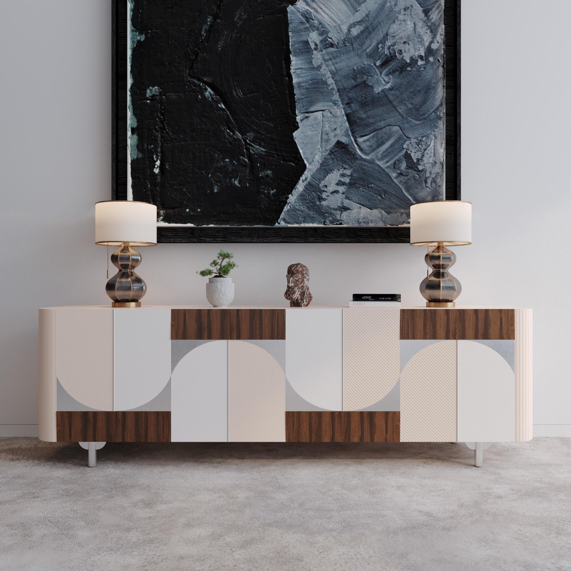 DOOQ Art-Deco Sideboard Buffet in Natural Marble Copper and Walnut Metropolis For Sale 1