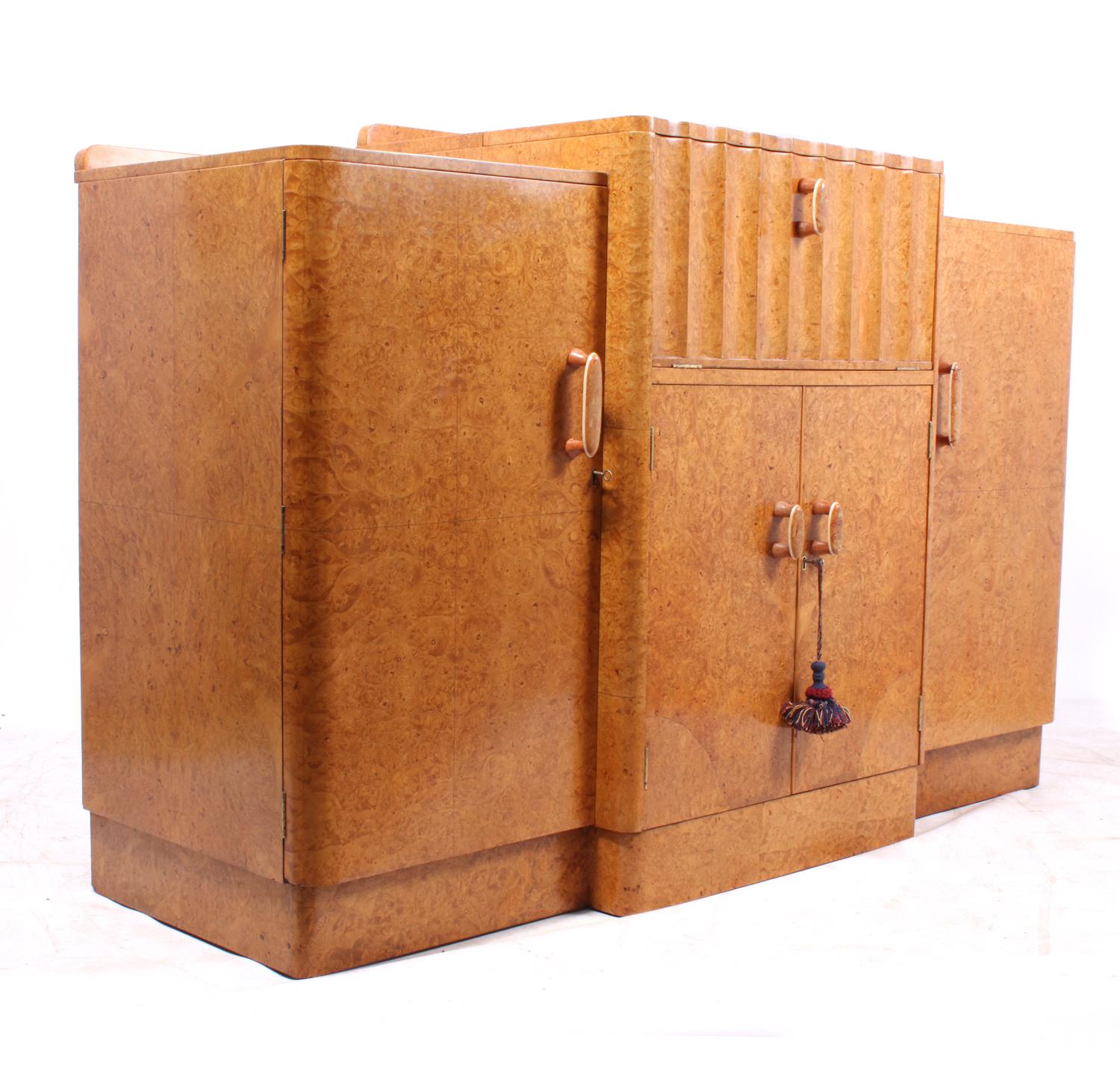 British Art Deco Sideboard Cocktail in Burr Maple For Sale