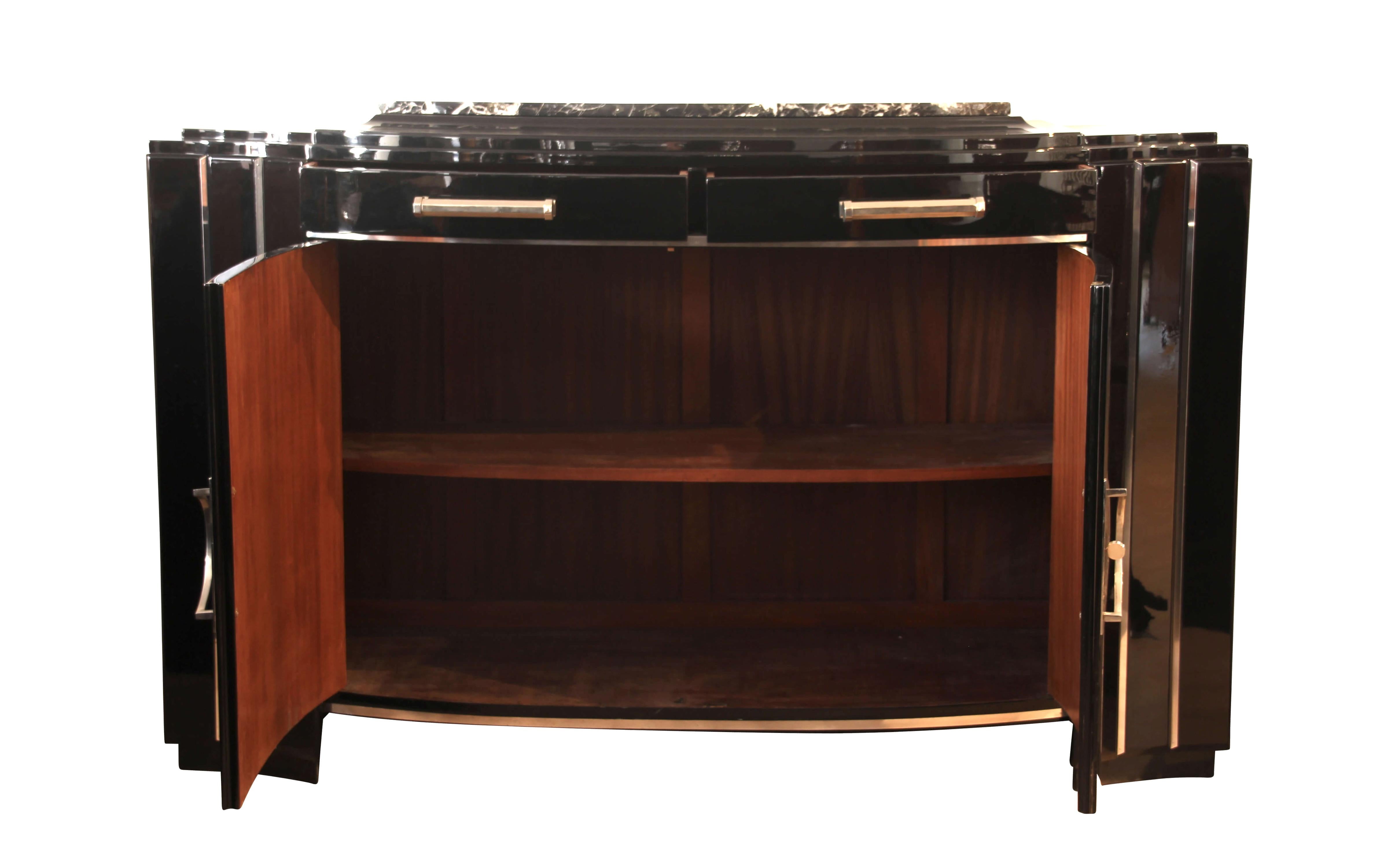 French Art Deco Sideboard, Curved Front, Black, Mahogany and Chrome, France, circa 1930