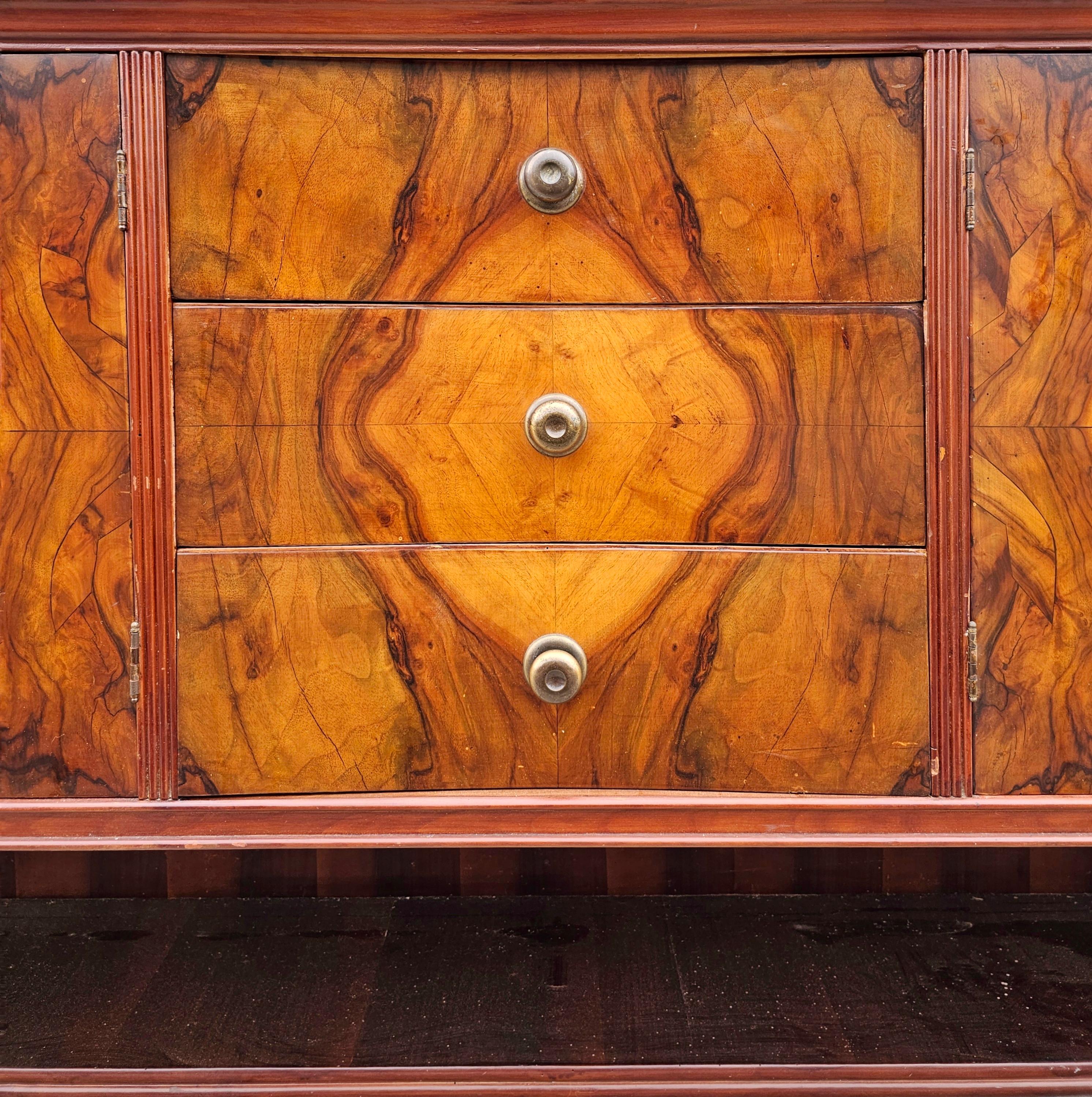 Brass Art Deco Sideboard done in burl walnut veneer with rich and dramatic grain For Sale