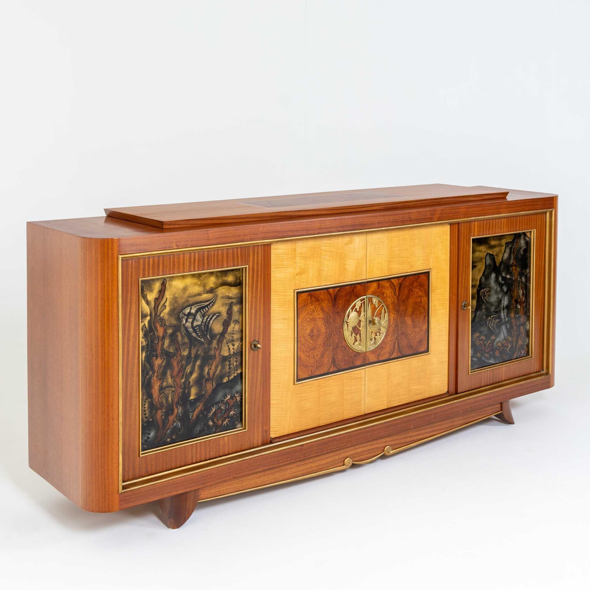 Art Deco Sideboard with Reverse Glass Painted Panels of Fish, France around 1930 For Sale 3