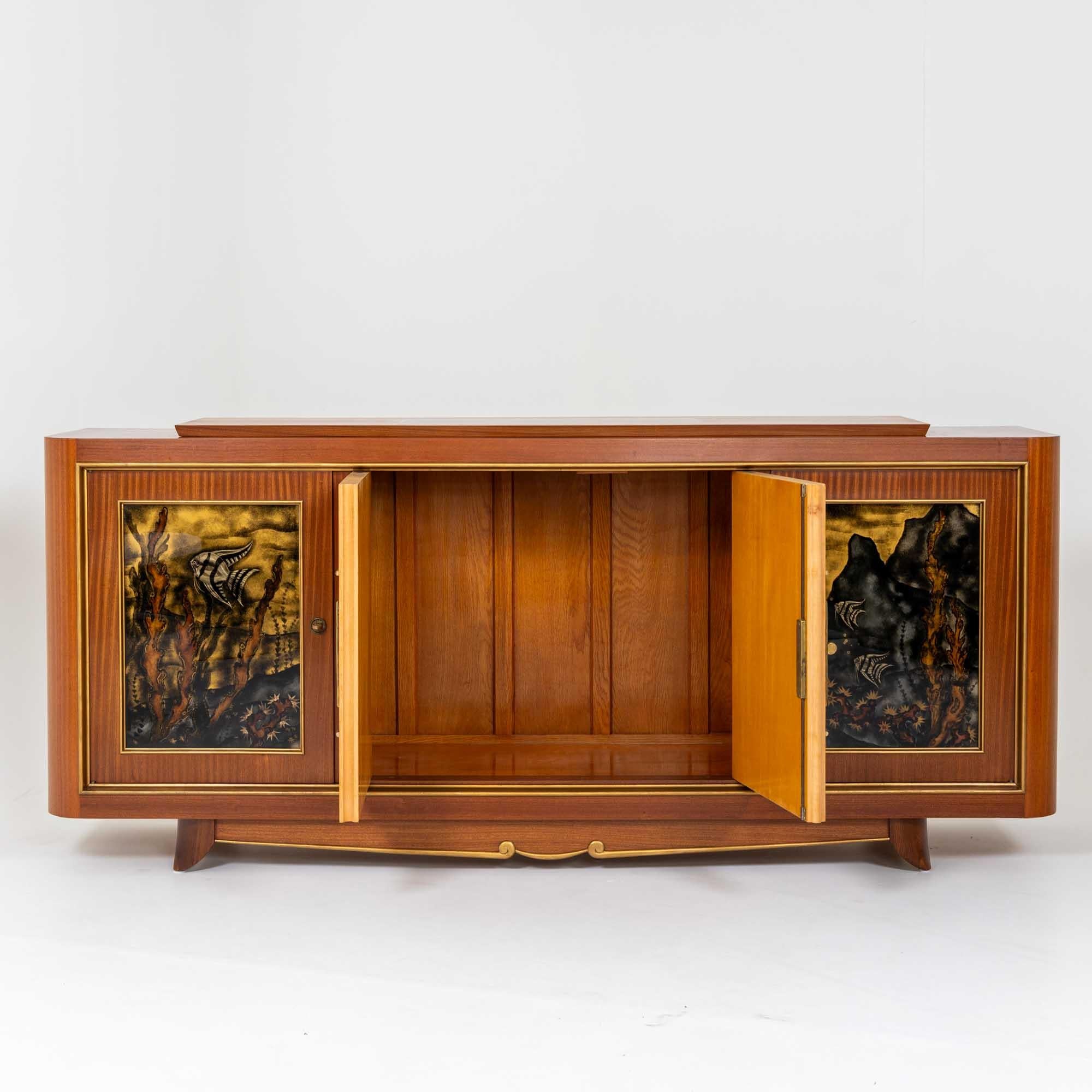 Art Deco Sideboard with Reverse Glass Painted Panels of Fish, France around 1930 For Sale 4