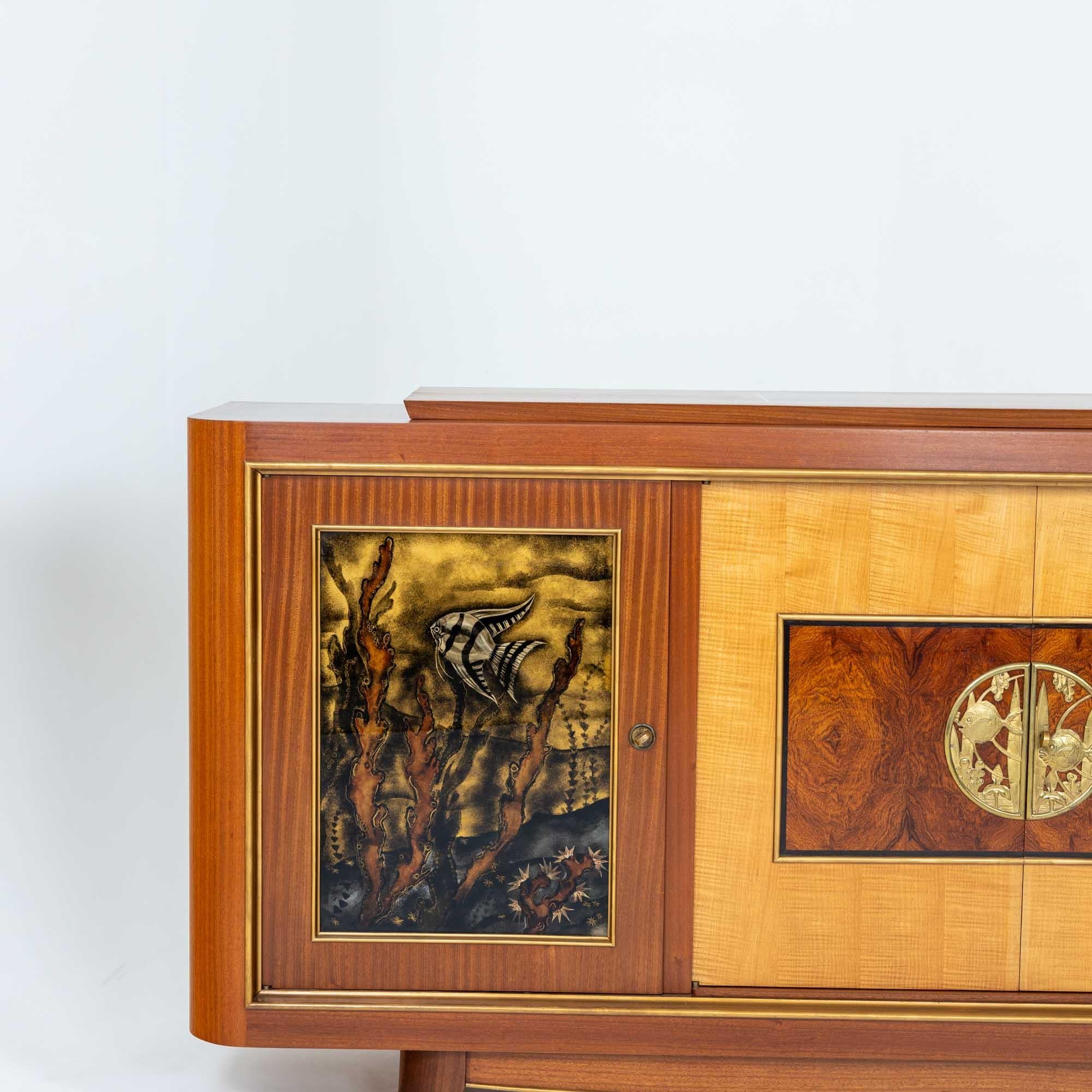 French Art Deco Sideboard with Reverse Glass Painted Panels of Fish, France around 1930 For Sale
