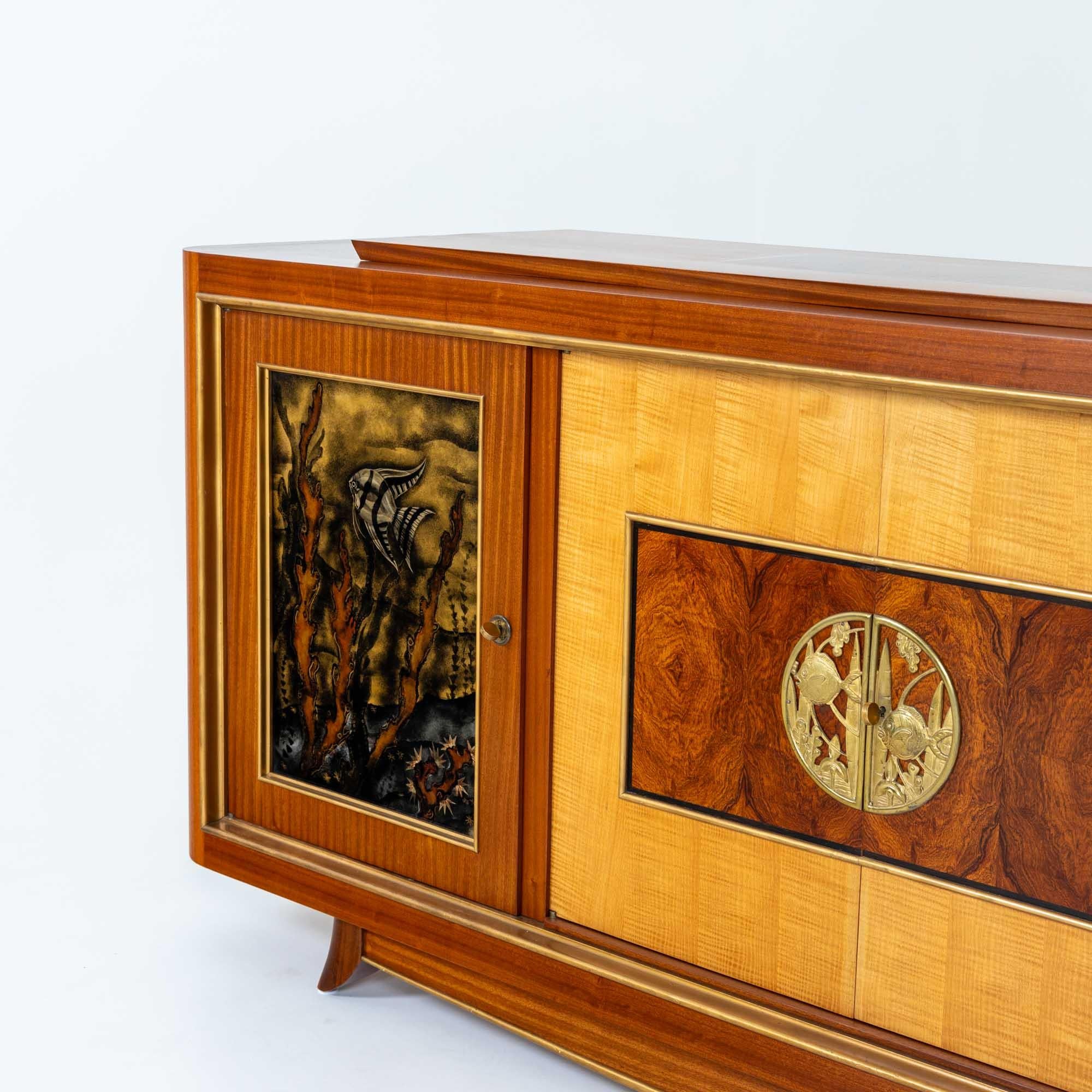 Hand-Painted Art Deco Sideboard with Reverse Glass Painted Panels of Fish, France around 1930 For Sale