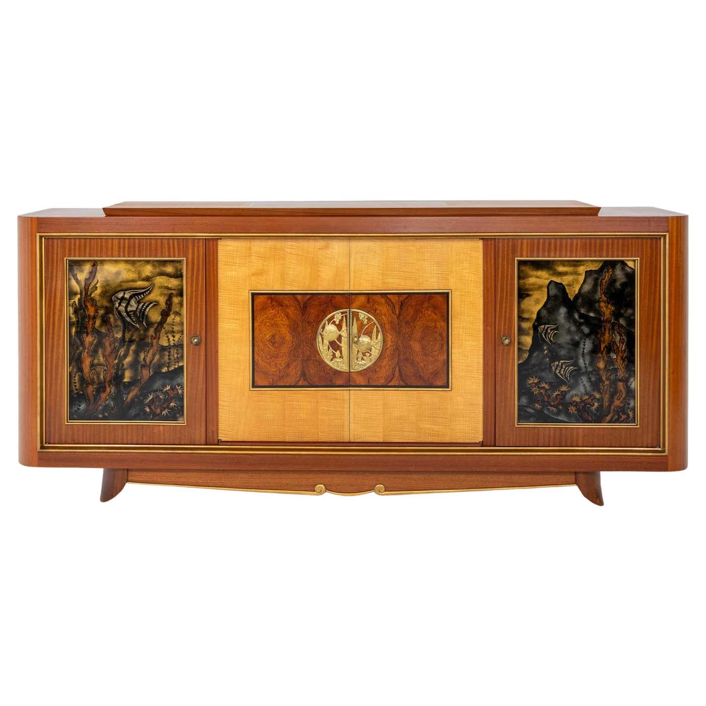 Art Deco Sideboard with Reverse Glass Painted Panels of Fish, France ...