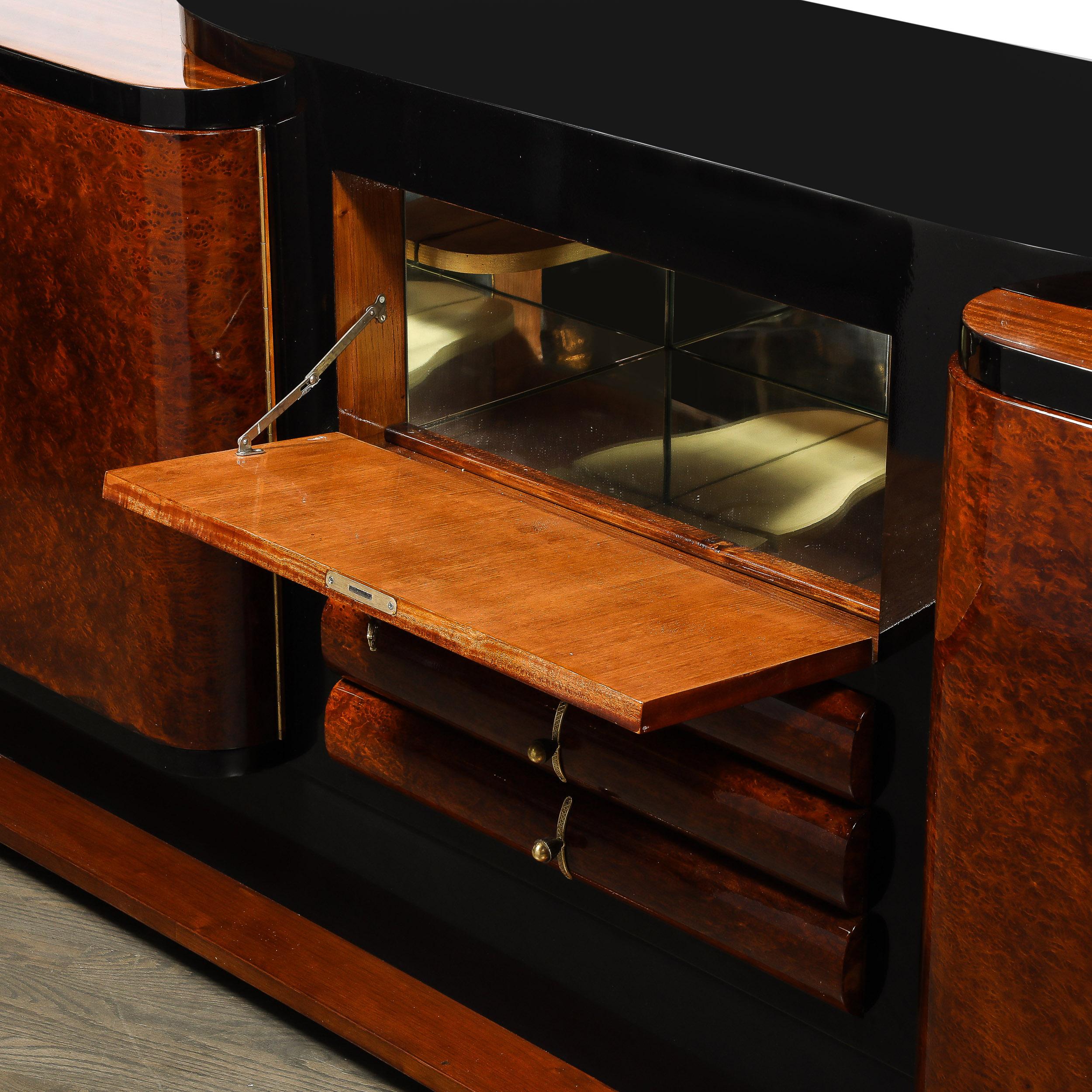 Art Deco Sideboard in Bookmatched & Burled Amboyna Wood, Mahogany & Walnut Base For Sale 4