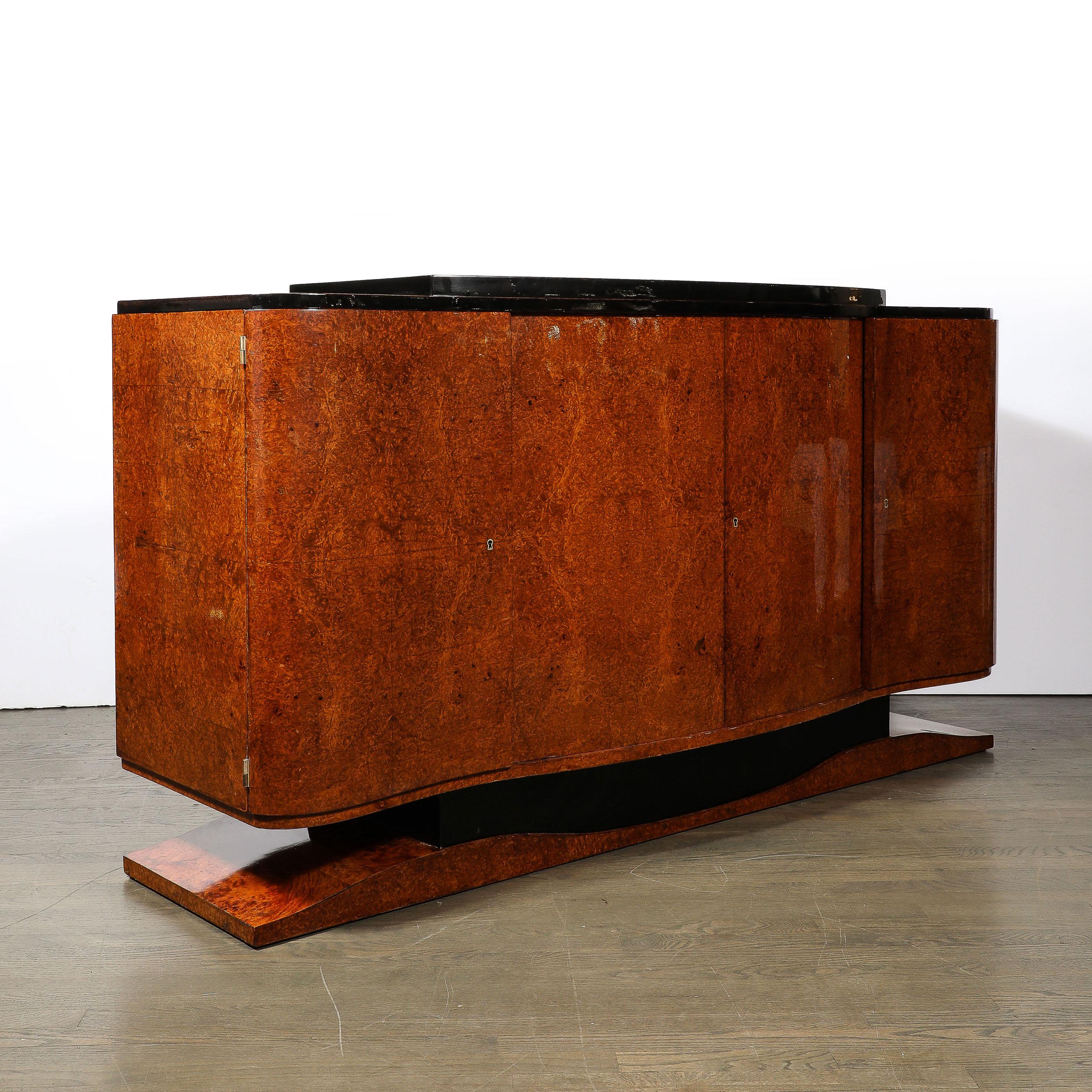 Art Deco Sideboard in Burled & Bookmatched Amboyna Wood w/ Black Lacquer Detail For Sale 5
